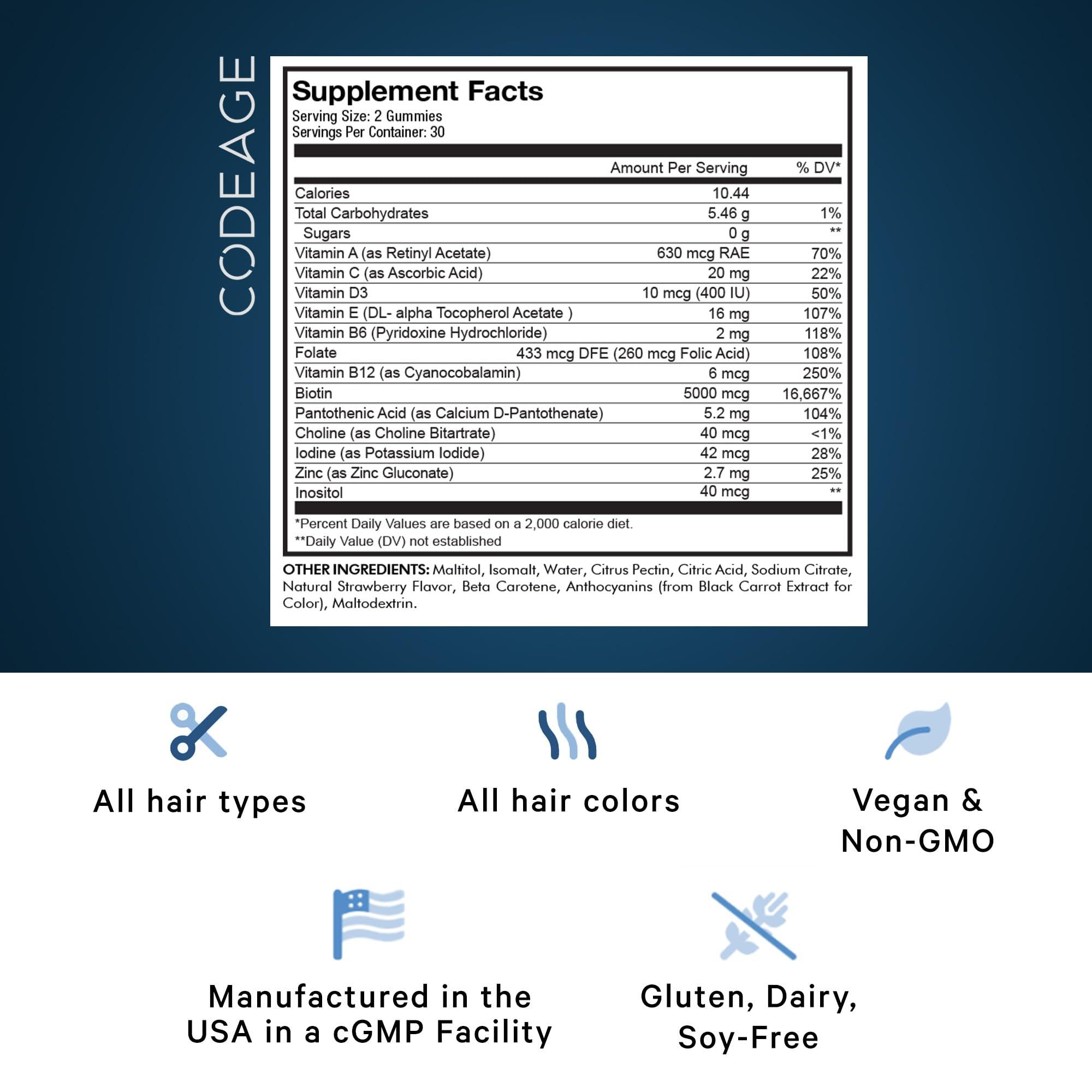 Codeage Codeage Hair Gummies, Biotin 5000 mcg, Sugar Free Growth Gummy Vitamins A, C, B6, B12, D3, Zinc, Inositol Supplement, Women & Men, Pantothenic Folic Acid, Nails, Skin, Strawberry Coconut Flavor, 60 ct