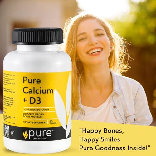 pure formulated pure formulated Chewable Calcium + Vitamin D3 Gummies Vegan Vitamin Supplements for Bones & Teeth Support, 1000 IU Gluten and Dairy Free - Kosher(60Gummies)