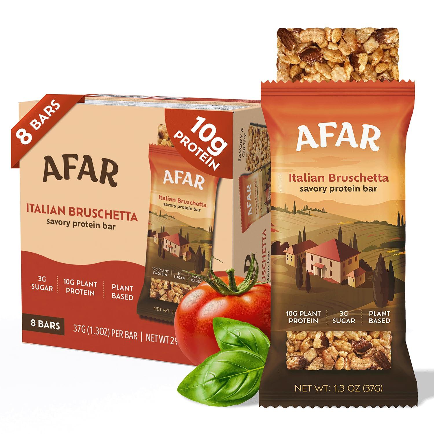 Afar Afar Savory Protein Bars Low Sugar, High Protein Healthy Snack for Adults Meal Replacement Bar Rice Crispy Texture Vegan, Gluten Free 8 Bars (Italian Bruschetta)