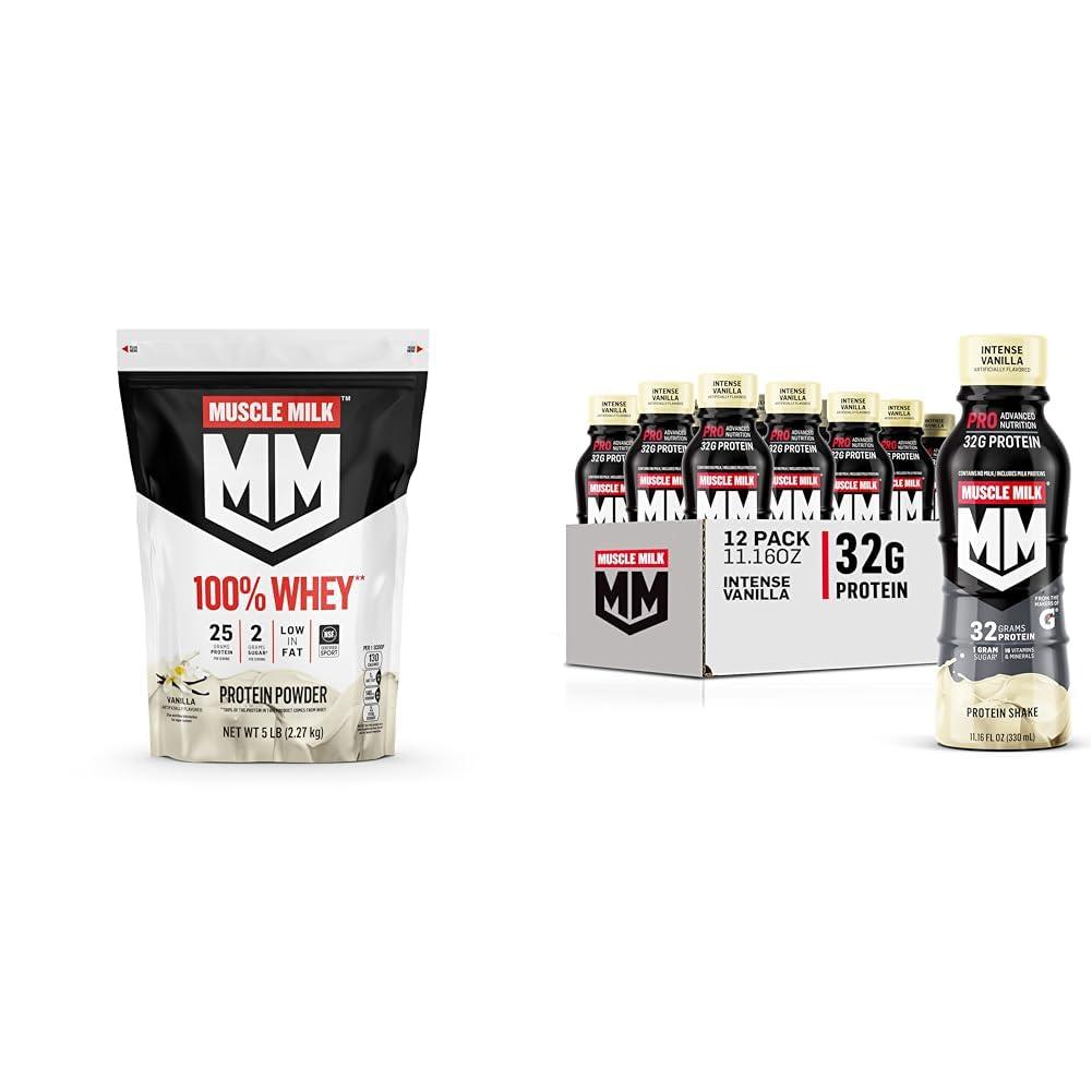 Muscle Milk Muscle Milk 100% Whey Protein Powder, Vanilla, 5 Pound, 68 Servings & Pro Advanced Nutrition Protein Shake, Intense Vanilla, 11.16 Fl Oz (12 Pack)