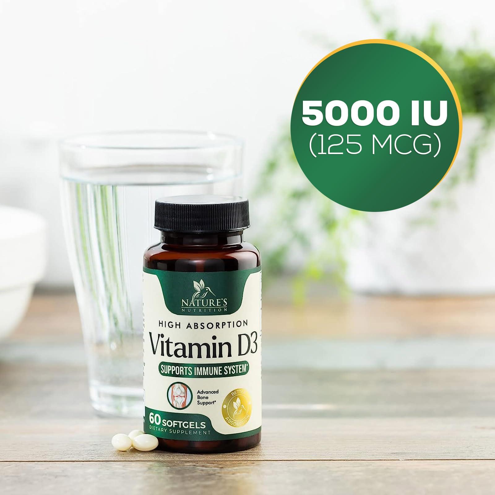Nature's Nutrition Vitamin D3 Supplement 5000iu (125 mcg) - High Potency Vitamin D Dietary Supplement for Bone, Teeth, Muscle and Immune Health Support - Rapid Absorption D3 Softgel, Non-GMO, Gluten Free - 60 Softgels