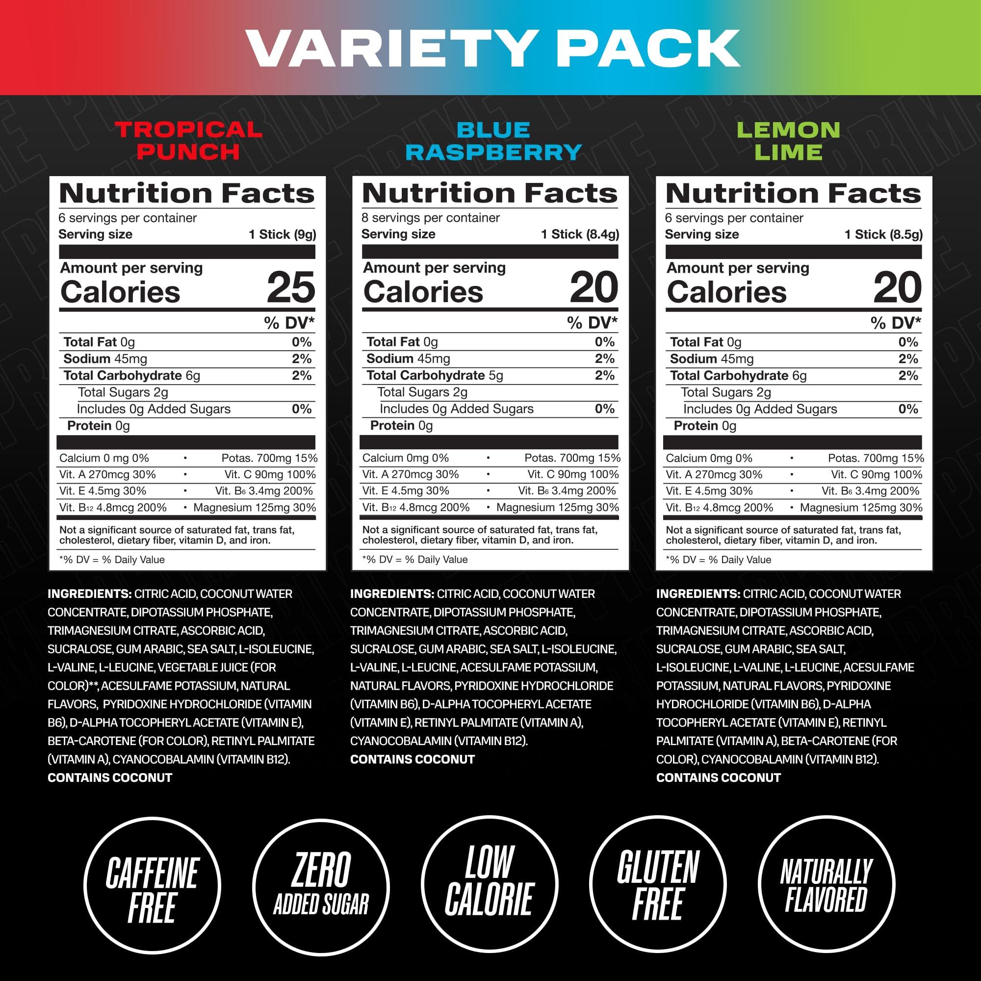 PRIME HYDRATION PRIME HYDRATION+ Sticks VARIETY PACK | Hydration Powder Single Serve | Electrolyte Powder On The Go | Low Sugar | Caffeine-Free | Vegan | 20 Sticks