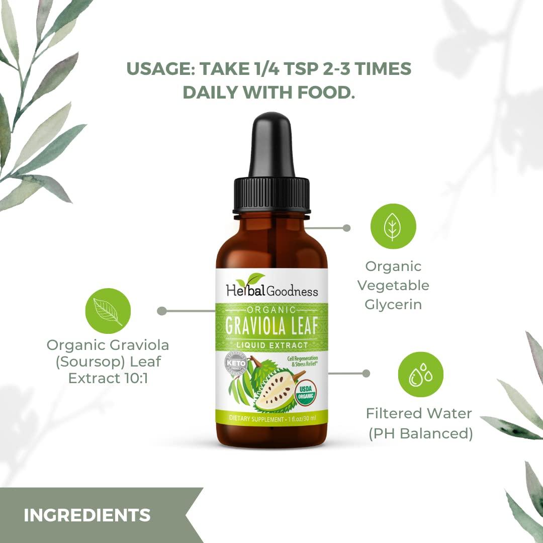 Herbal Graviola Herbal Goodness Graviola Soursop Leaf Extract | Organic Guanabana Leaves for Cell Support, Immune Boost, and Strong Cell Regeneration | Soursop Bitters USDA Organic Kosher - 1oz