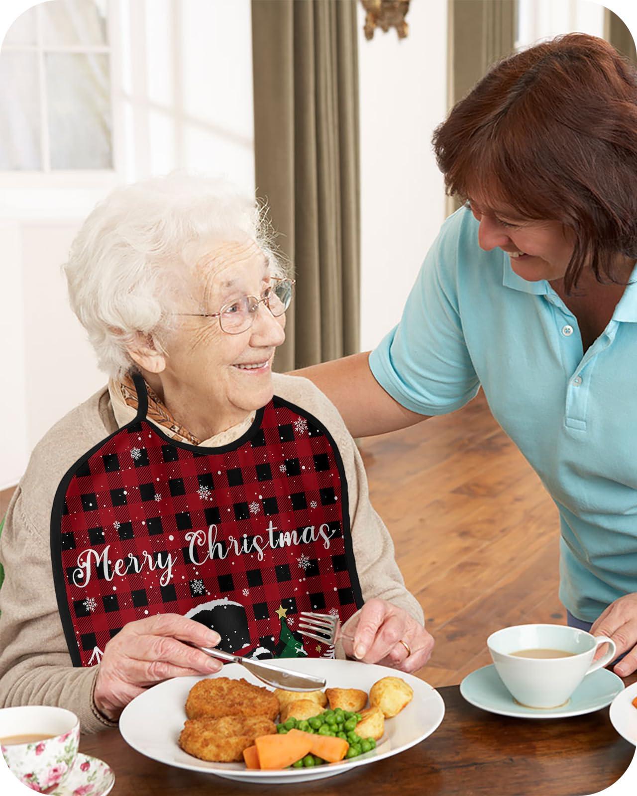 Kewadony Adult Bibs for Elderly Women - Christmas Waterproof Dining Clothing Protectors with Crumb Catcher for Eating/Feeding, Winter Snowflake Snowman Xmas Tree Red Black Plaid Terry Cloth Bib Washable