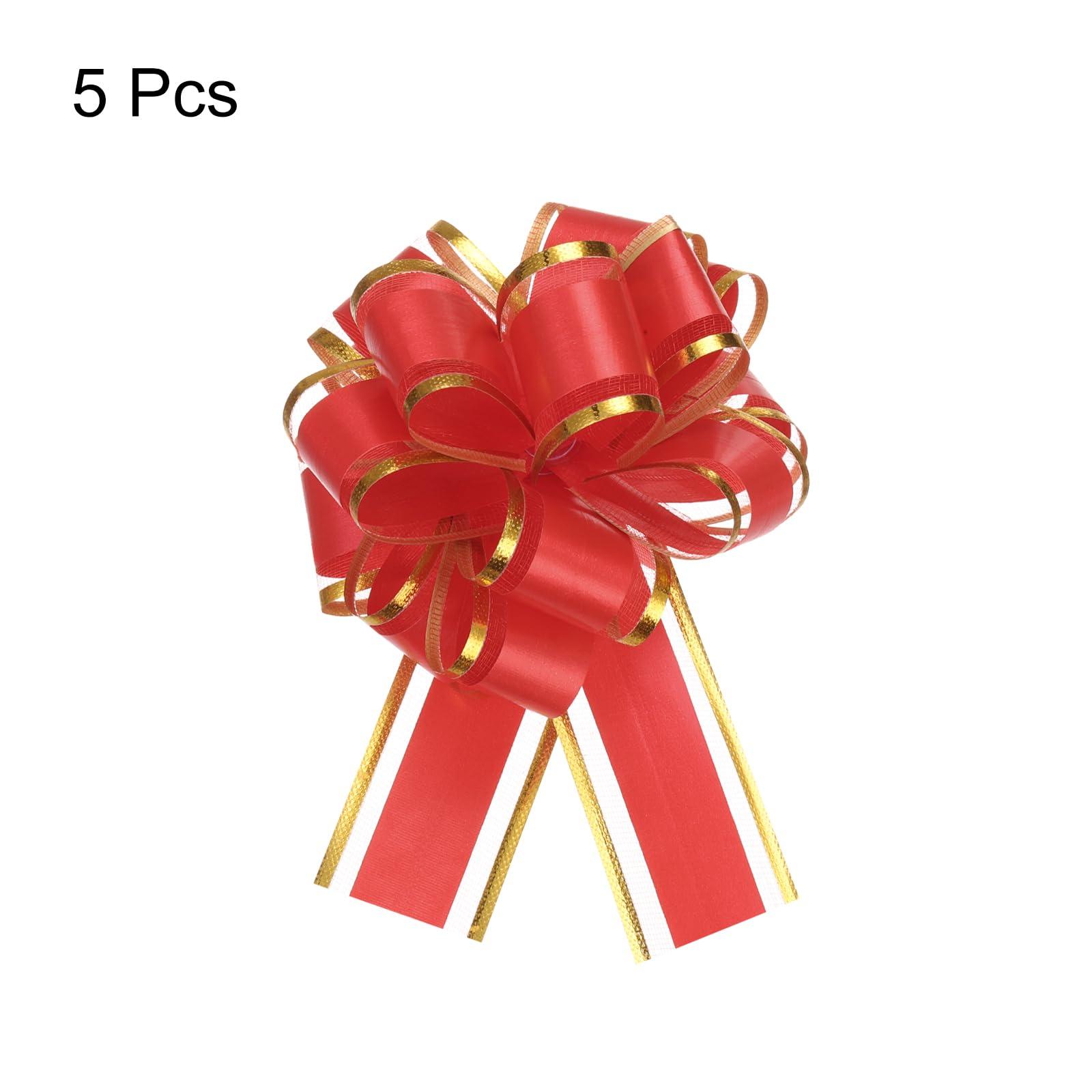 MECCANIXITY MECCANIXITY 5pcs 4 Inch Large Big Pull Bow with Gold Edge, Organza Car Gift Wrapping Bows Ribbon for Wedding Car Baskets Presents Christmas Bow, Red