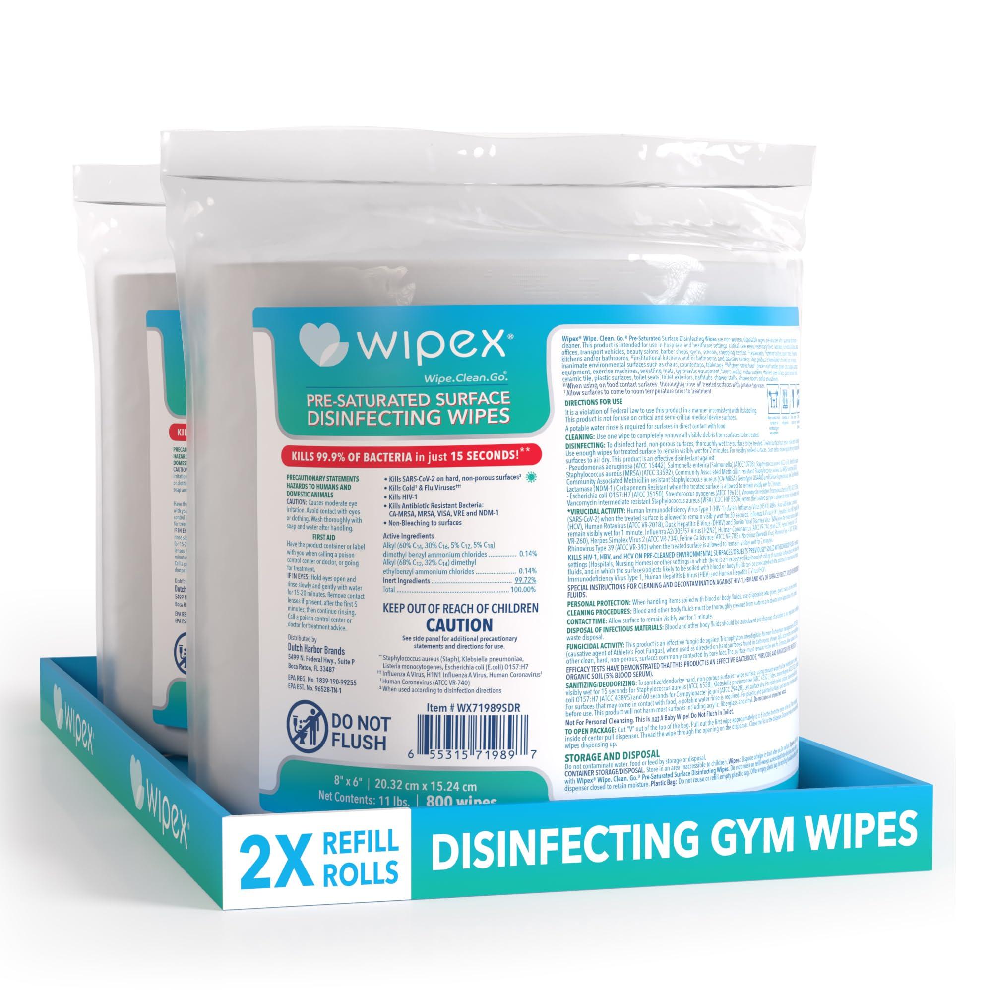 Wipex Wipex Antibacterial Gym Wipes for Equipment - EPA Registered Disinfecting Gym Wipes Refills for Cleaning Gym Fitness Equipment, Surfaces - Commercial Wipes for Dispensers, 800 Count, (Pack of 2)