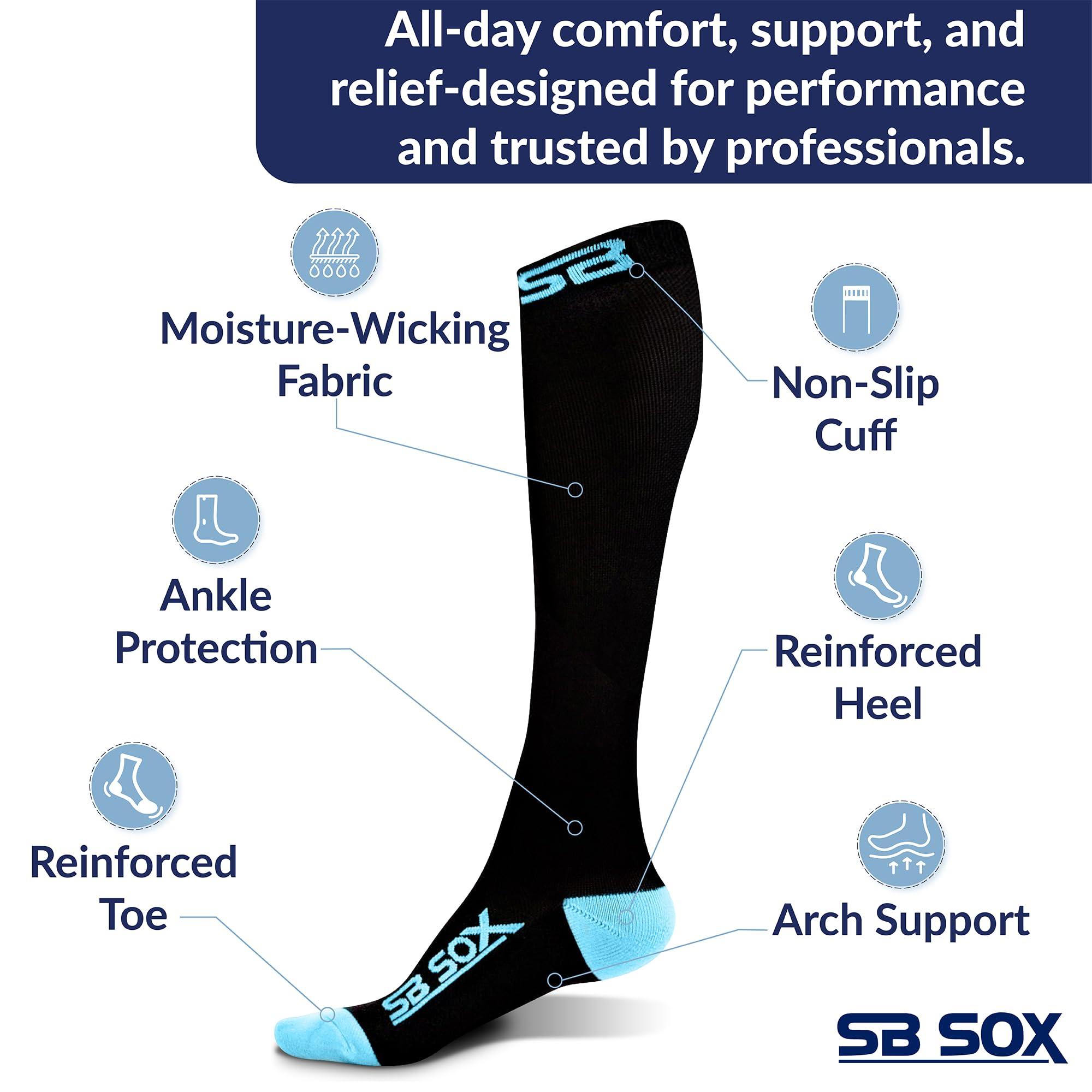 SB SOX SB SOX Compression Socks (20-30mmHg) for Men & Women – Best Compression Socks for All Day Wear, Better Blood Flow, Swelling! (Large, Black/Blue)
