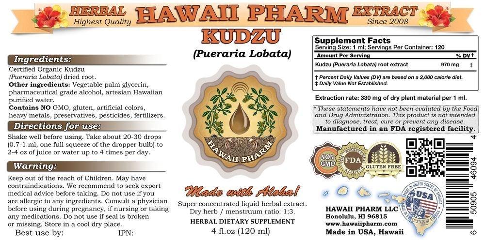 HawaiiPharm Kudzu Liquid Extract, Organic Kudzu (Pueraria lobata) Tincture Supplement 4 oz