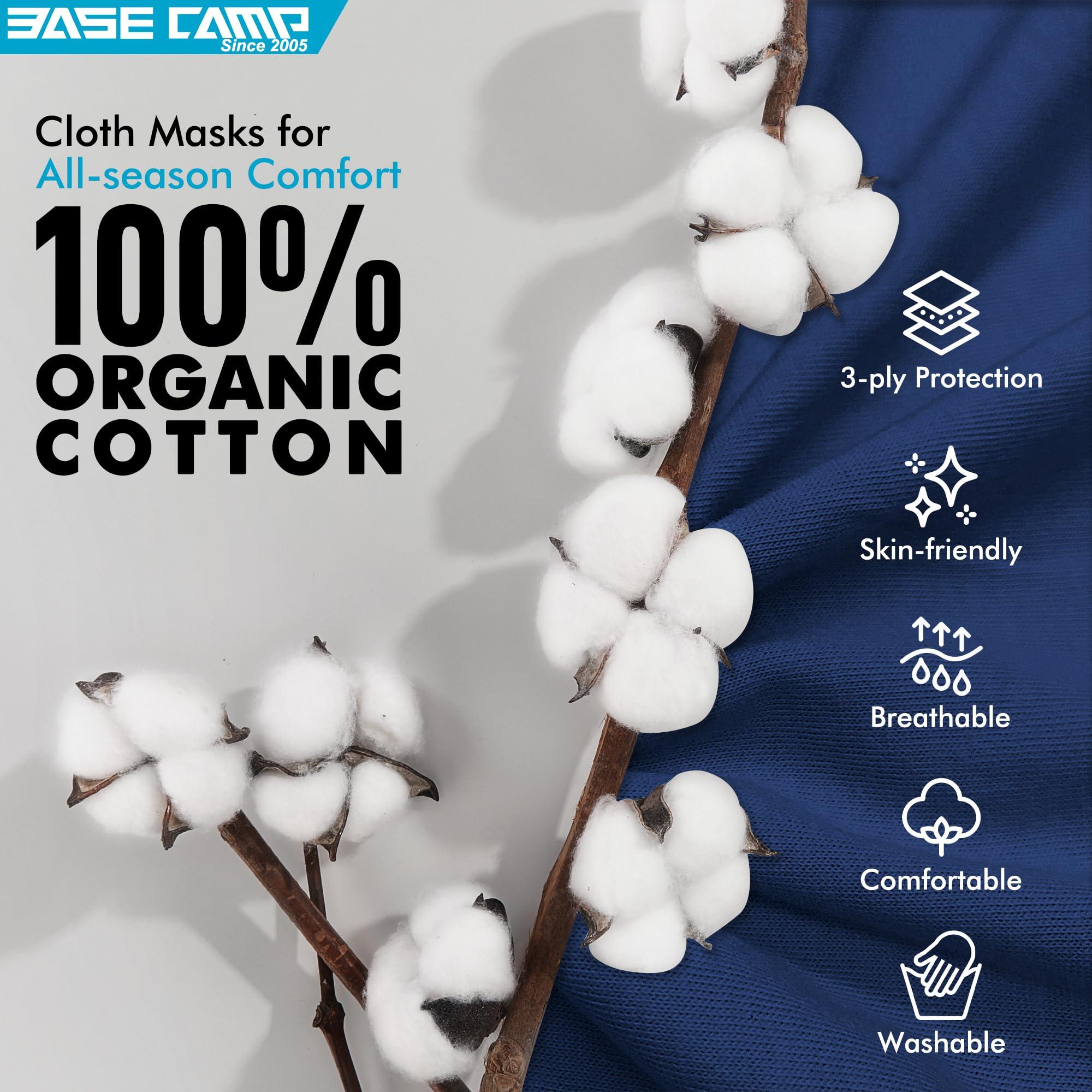 BASE CAMP BASE CAMP Reusable Cloth Dust Face Masks 100% Cotton Washable Adjustable Breathable Fabric Mask with Filter Pocket (1Black+1Green+1Blue)