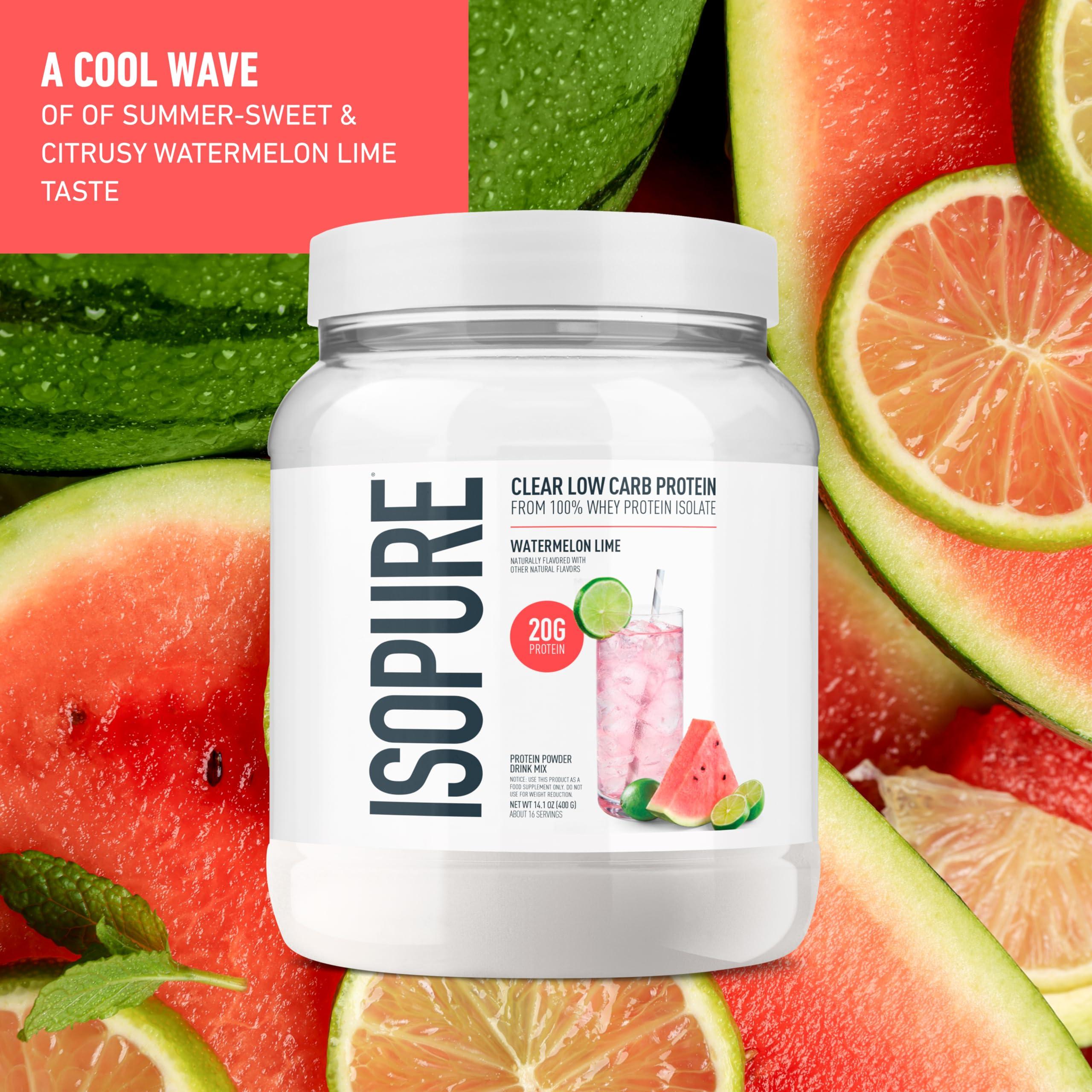 Isopure Isopure Clear Whey Isolate Protein Powder Infusions, Lactose Free, Gluten Free, Naturally Flavored, Watermelon Lime, 20g Protein Per Serving, 14.1 Oz, 16 Servings