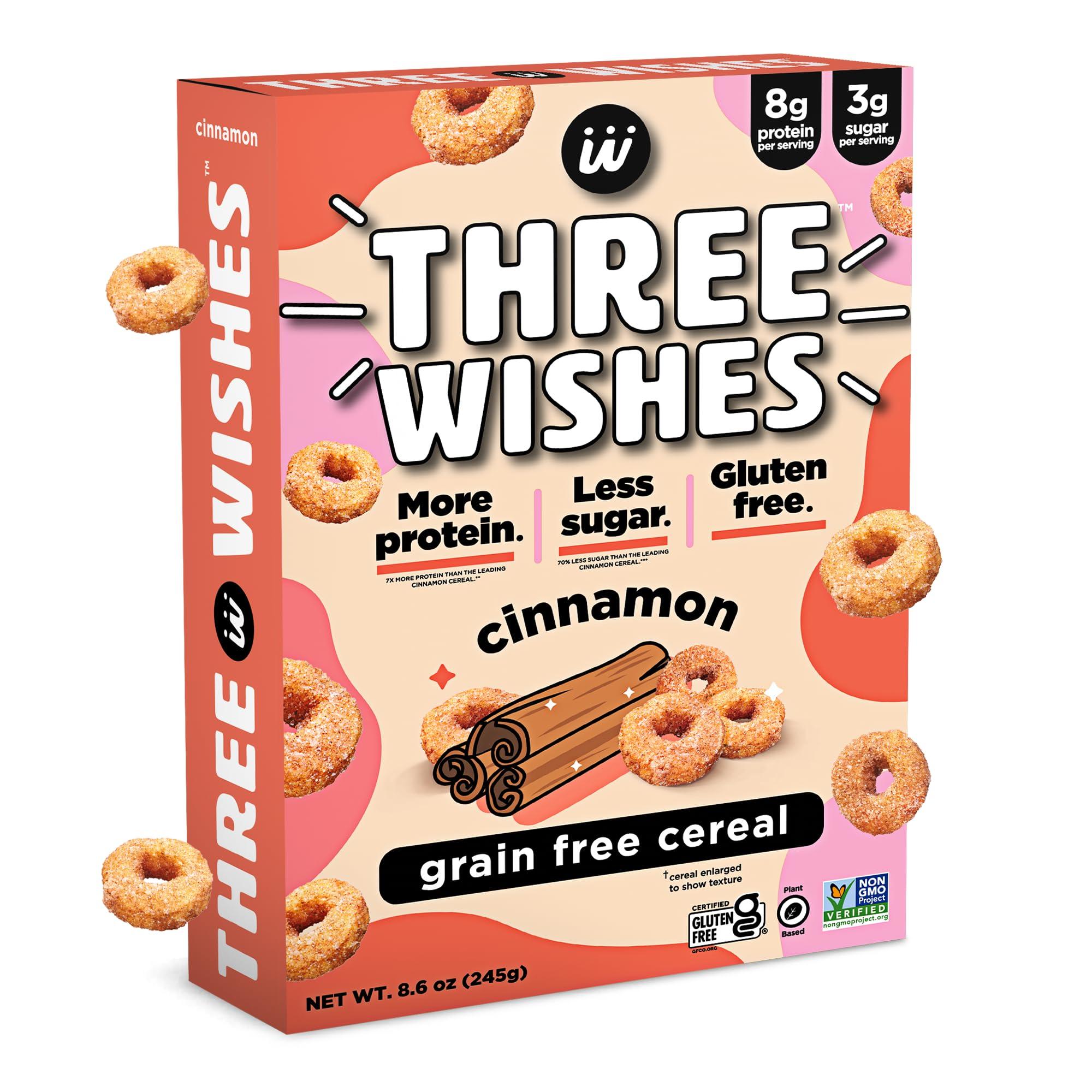 Three Wishes Plant-Based and Vegan Breakfast Cereal by Three Wishes - Cinnamon, 1 Pack - More Protein and Less Sugar Snack - Gluten-Free, Grain-Free - Non-GMO