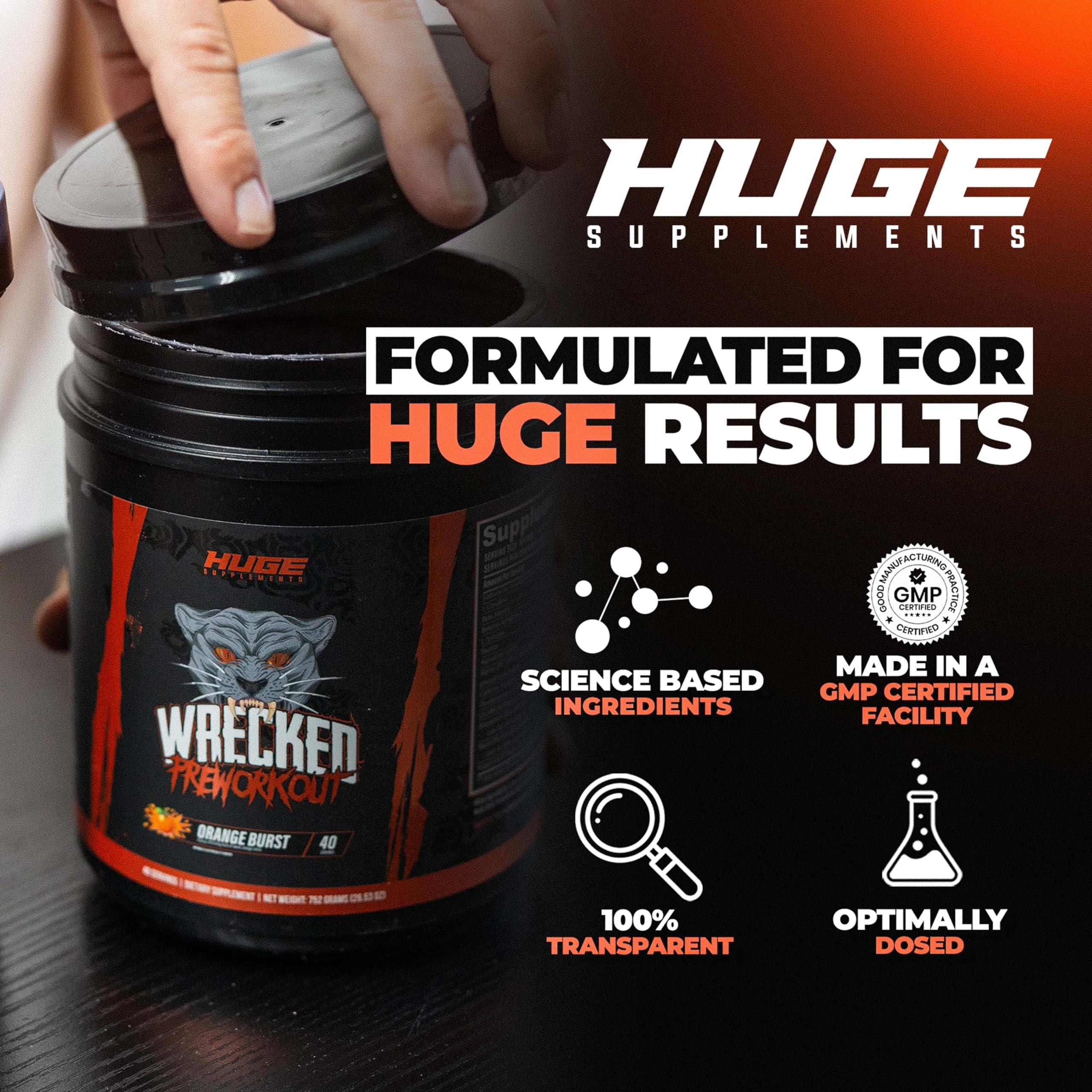 Huge Supplements Huge Supplements Wrecked Pre-Workout, Advanced Formula, Boosts Energy, Focus, Pumps & Performance, 10g L-Citrulline, 6.4g Beta Alanine, 5g Tyrosine, 1g Alpha GPC, 375mg Fast-Acting Caffeine & More