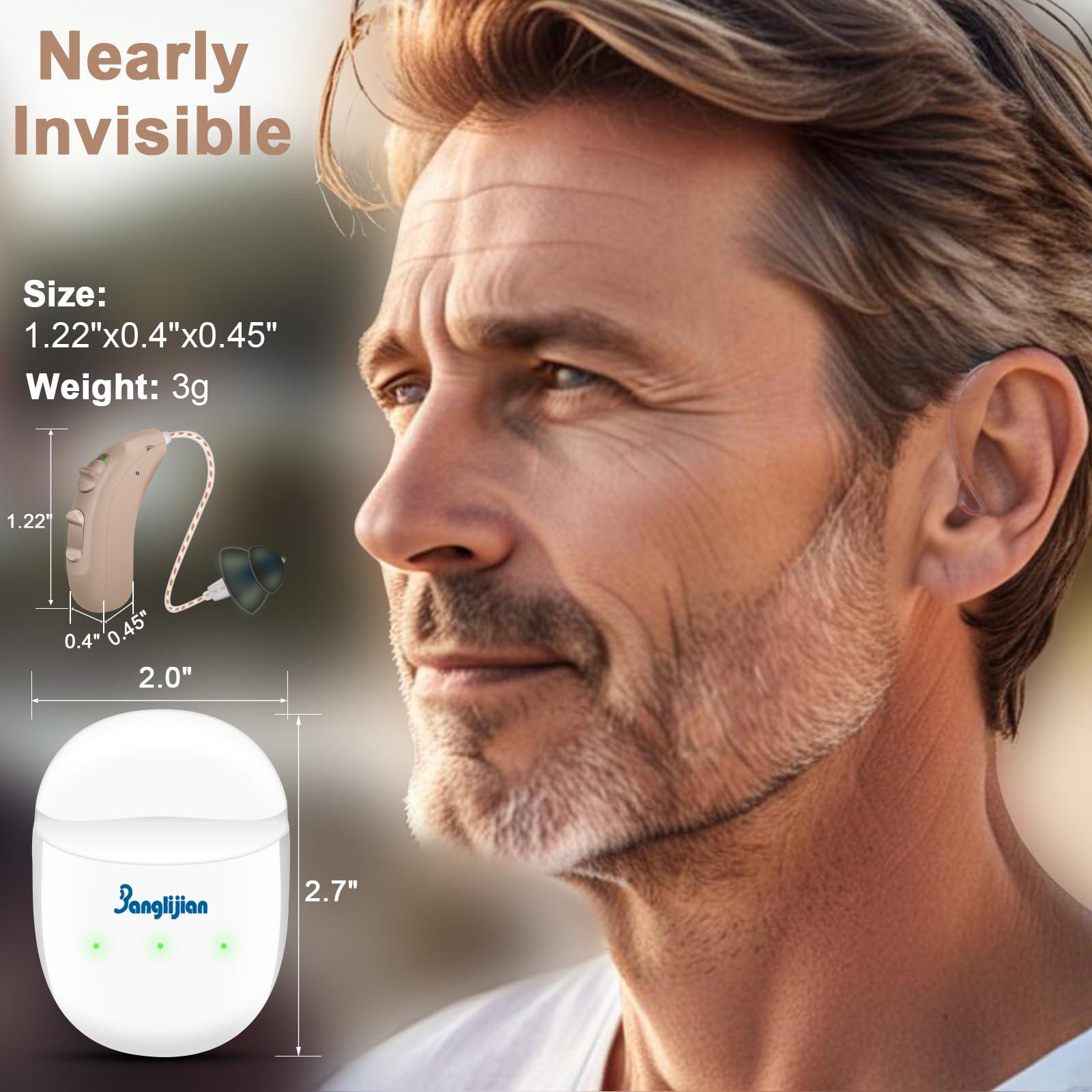 Banglijian Banglijian Hearing Aids Rechargeable RIC Hearing Aids for Seniors Adults, 12 Channels Hearing Aid with Magnetic Contact Charging Box Digital Noise Cancelling and Feedback Cancellation (Left Side, Beige)