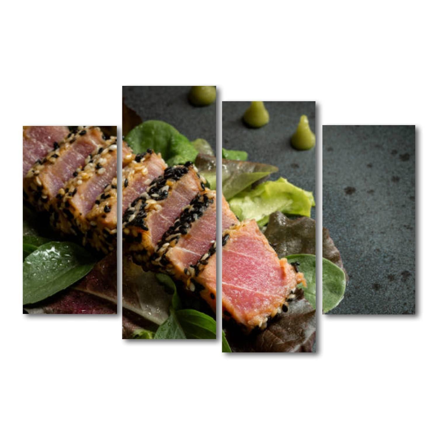 CXHSZHYZYQ CXHSZHYZYQ Canvas Wall Art Prints Pictures Grilled Sliced Tuna Steak Salad Sauce Framed Posters Modern Wall Painting Artwork Gift Home Decor for Living Room Ready to Hang 4 Panel
