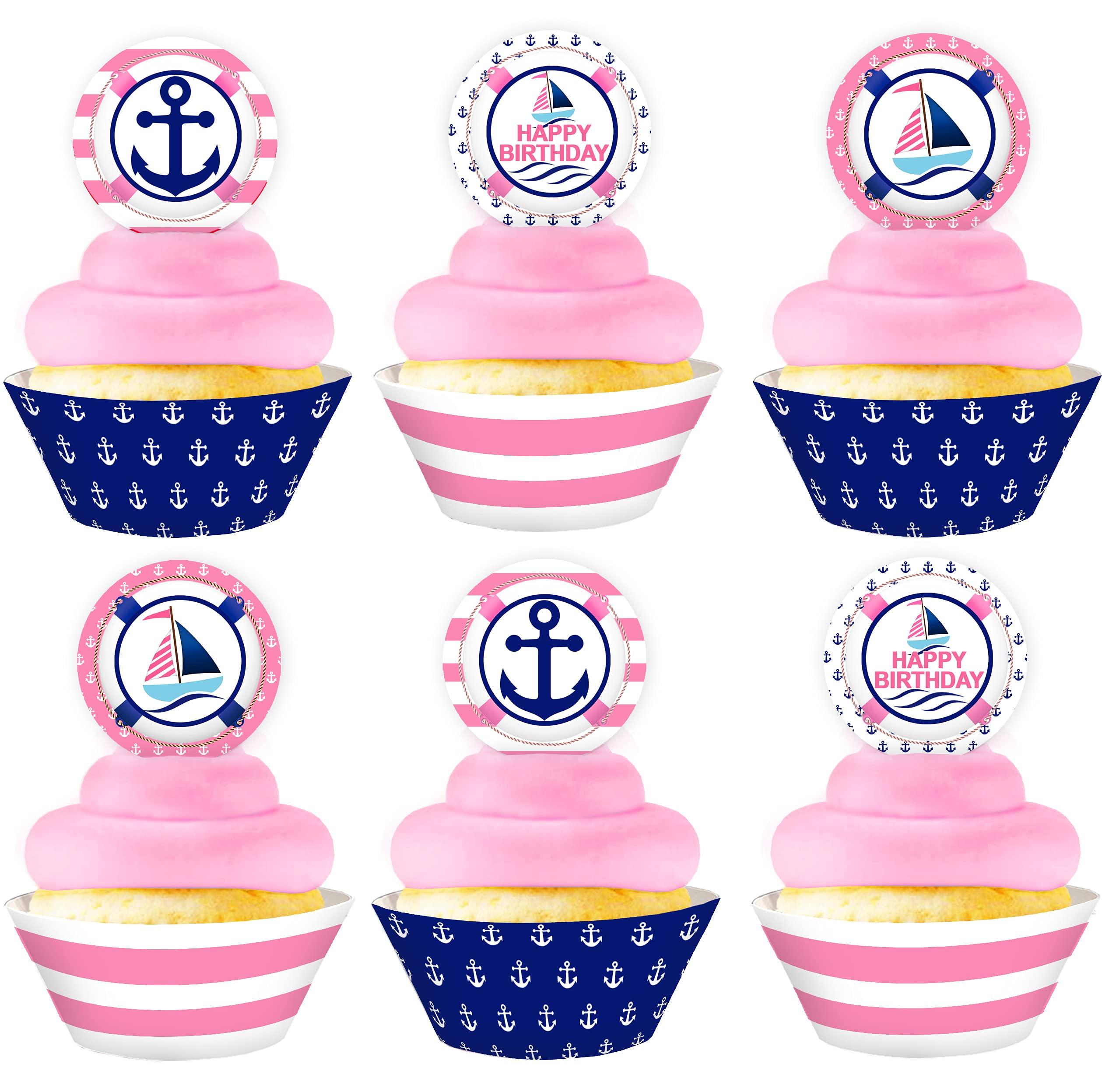 POP parties Ink Nautical Cupcake Kit - 24 Sailboat Cupcake Toppers and 24 Cupcake Wrappers - Nautical Party Supplies - Sailboat Party Decorations - Pink Cupcake