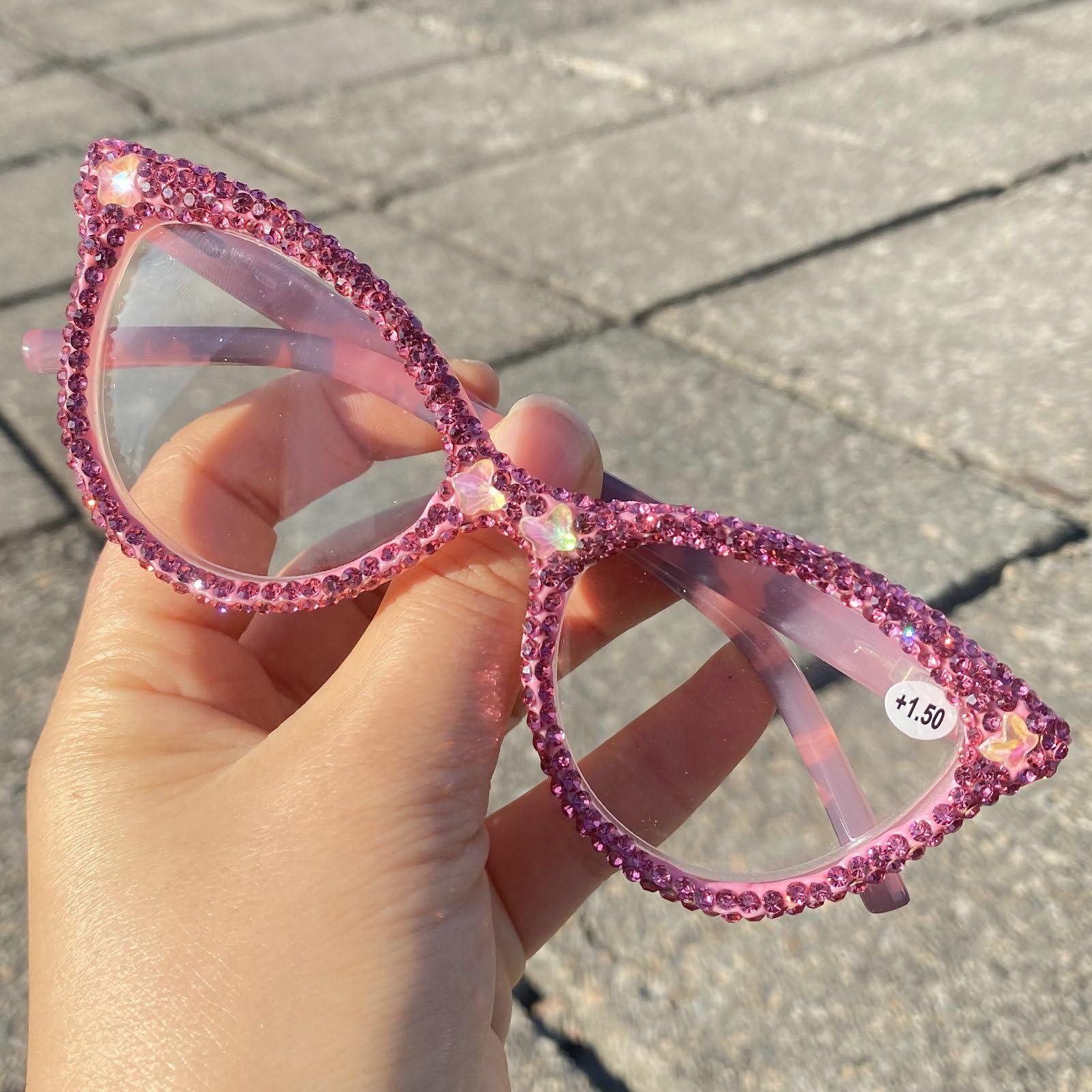 mincl Fashion bling Rhinestone Cat Eye Reading Glasses for Women Retro Jeweled Frame rave Party Diamond Reading Glasses (pink, 1, x)
