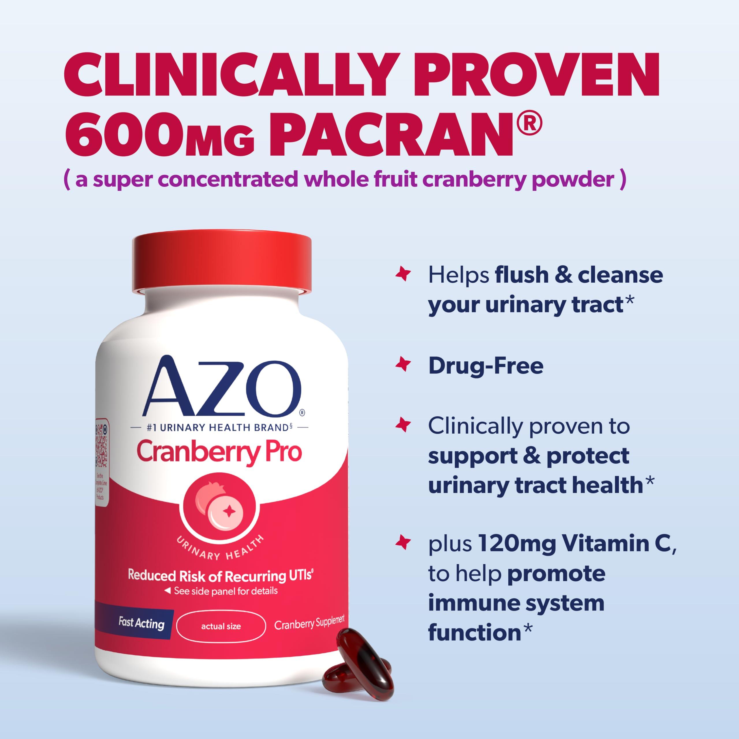 AZO AZO Cranberry Pro, Cranberry Pills for Women & Men, 600mg Pacran, Made with Concentrated Whole Fruit Cranberry Powder to Help Cleanse and Protect The Urinary Tract*, Sugar Free, Non-GMO, 100 Softgels