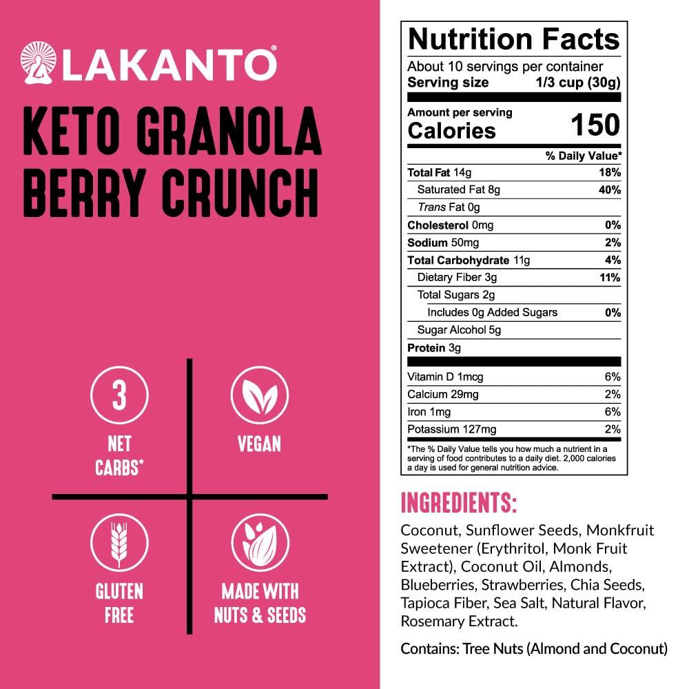 Lakanto Lakanto Berry Crunch Granola - Delicious Snack, Quick Breakfast Cereal, Keto Friendly, Monk Fruit Sweetener, No Sugar Added, Vegan, Gluten Free, Grain Free, 3g Net Carbs (11 oz)