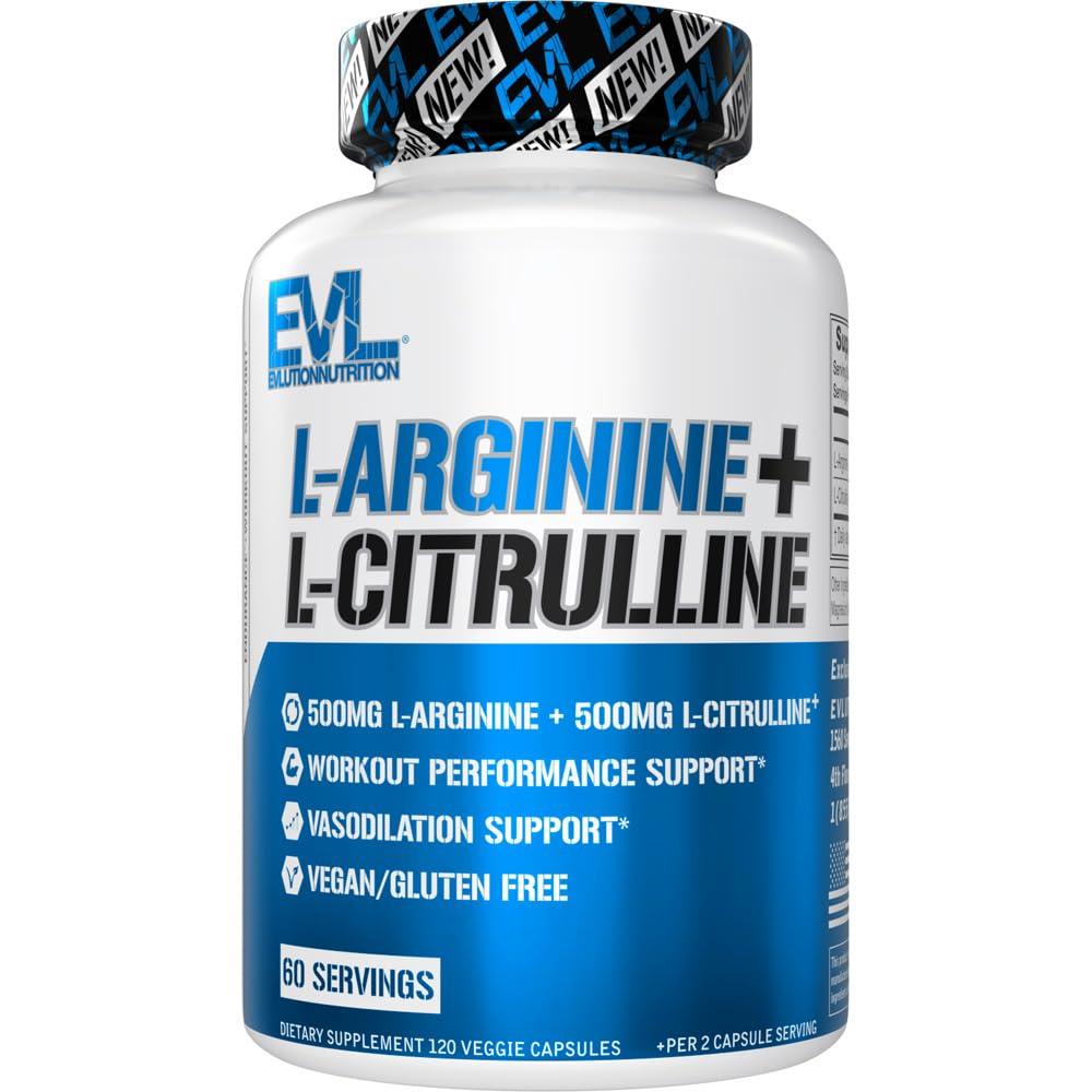 Evlution Evlution Nutrition L-Arginine + L-Citrulline - Endurance + Workout Performance Supplement - 500mg Complex - Vasodilation + Nitric Oxide Support - Vegan + Gluten Free Capsules - 60 Servings