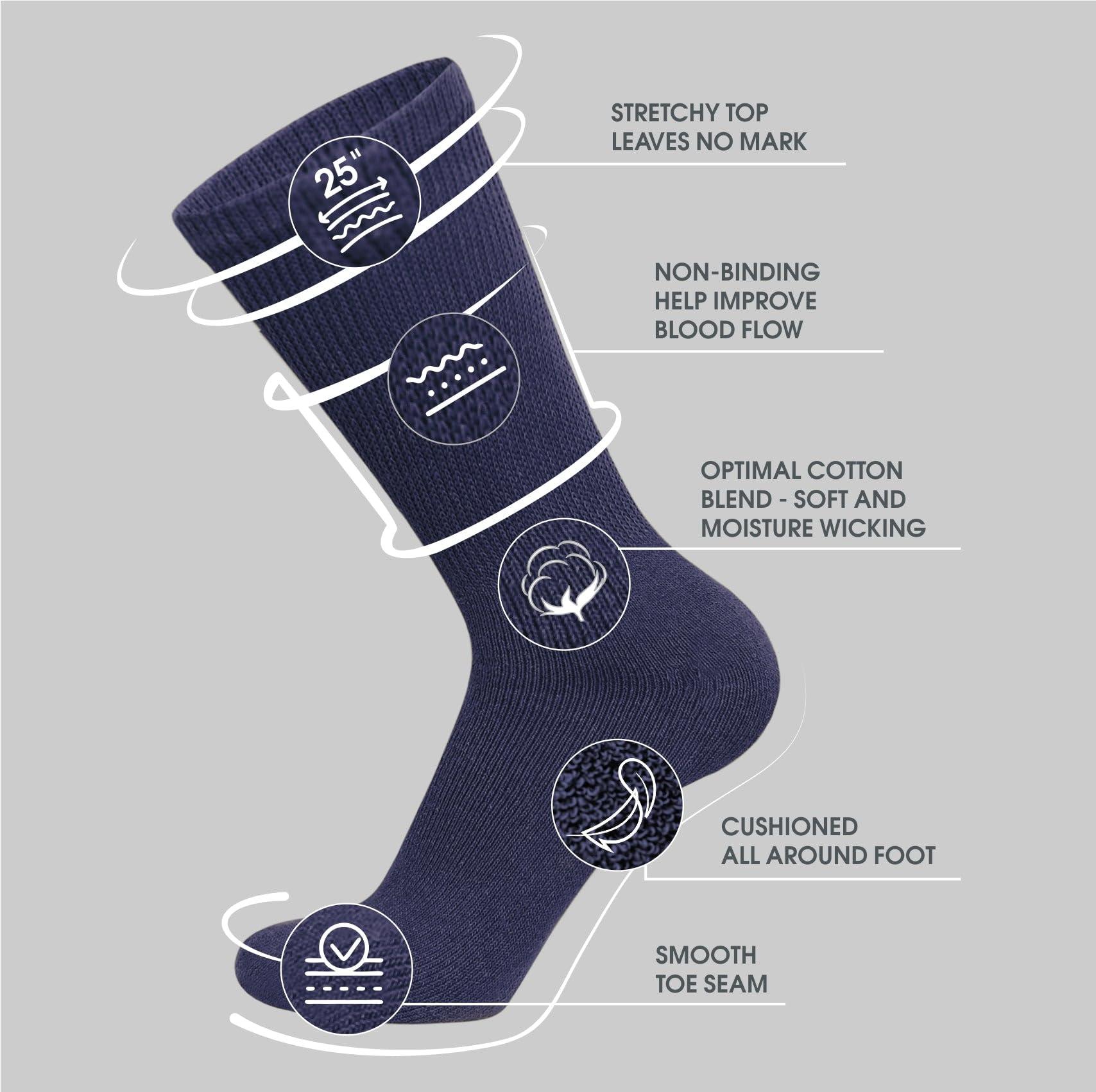Brooklyn Socks 12 Pairs of Cotton Diabetic Non-Binding Neuropathy Crew Socks (Navy - Size 13-16)