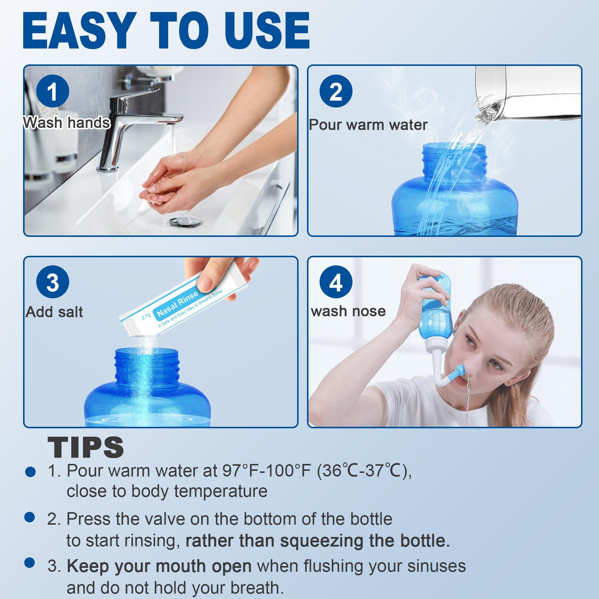 Binazon Neti Pot Sinus Rinse Kit, Sinus Rinse Bottle, Nose Wash Cleaner, Pressure Rinse Nasal Irrigation for Adult & Kid, 300ml Capacity Sinus Rinse Bottle and 40 Nasal Wash Salt Packets