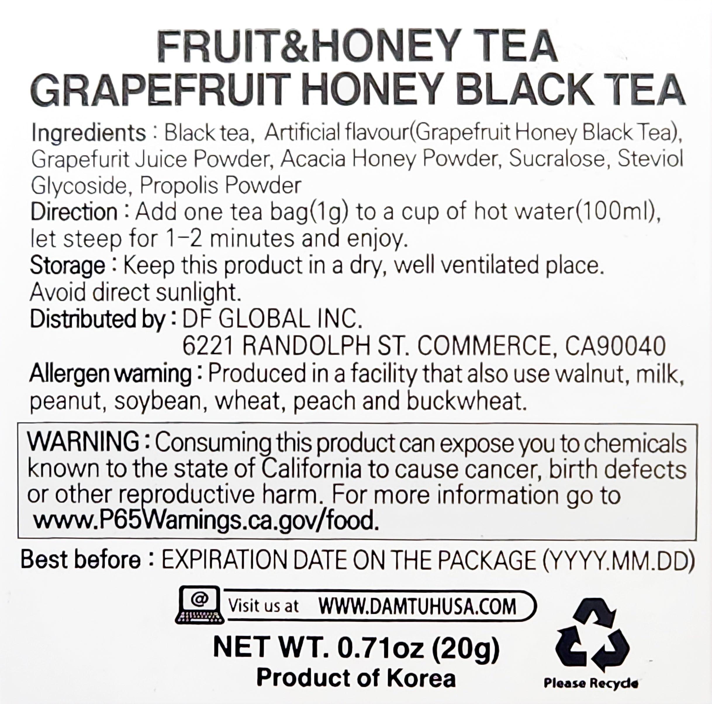 Damtuh Damtuh Grapefruit Honey Black Tea Bag Zero Calorie Zero Sugar 20g x 20 Count (Pack of 1)