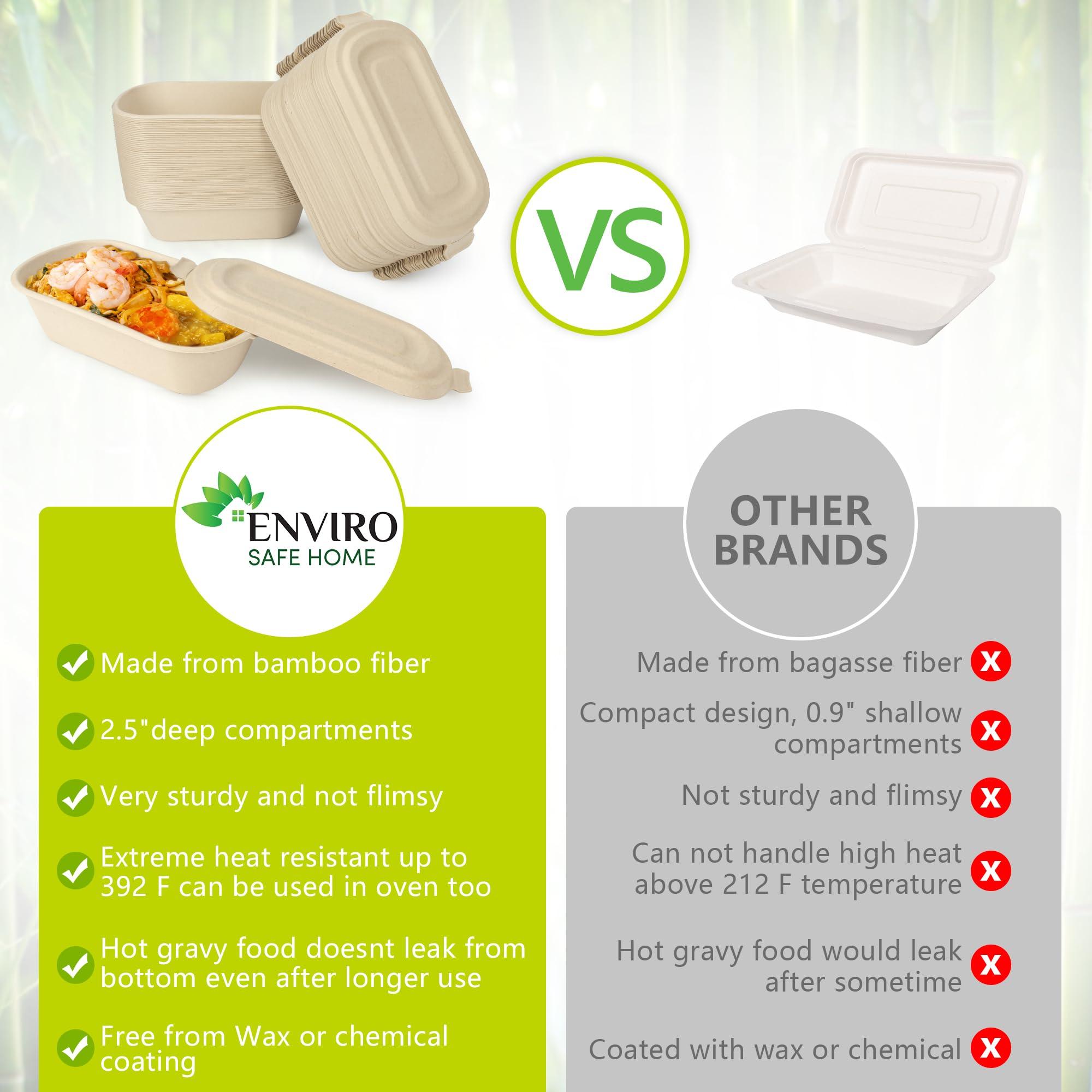 Enviro Safe Home 37 Oz Bamboo Disposable Food Containers, 50 Pack - Heavy Duty, Microwavable, Oven Safe - Perfect For Meal Prep, Salads, Lunch, To Go Food - Biodegradable (Brown)