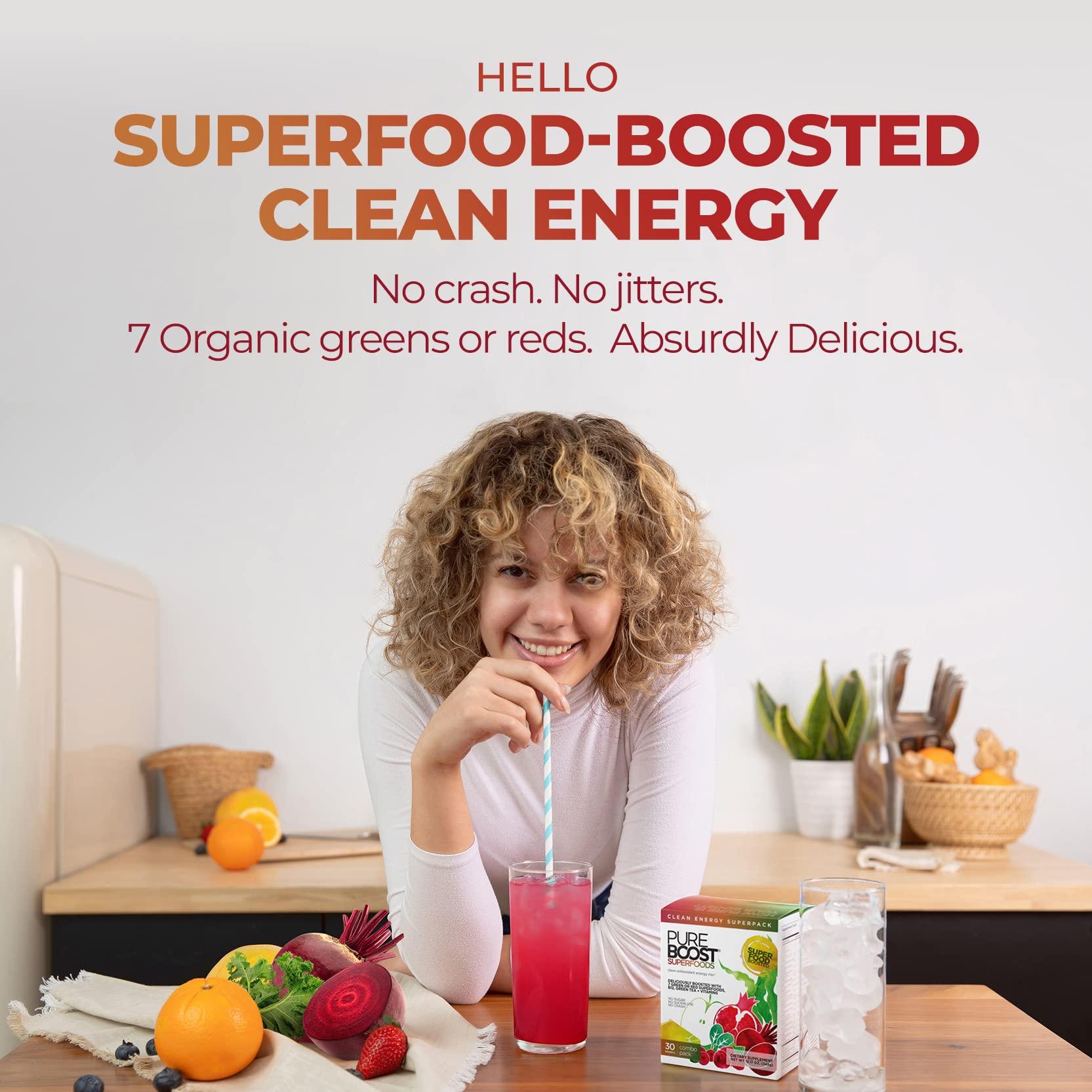 Pureboost Pureboost Clean Energy and Superfoods Bundle. 60 Stick Packs. B12, Vitamin C and more. Fruity Combo Pack + Green Mojo includes 7 Organic Supergreens.