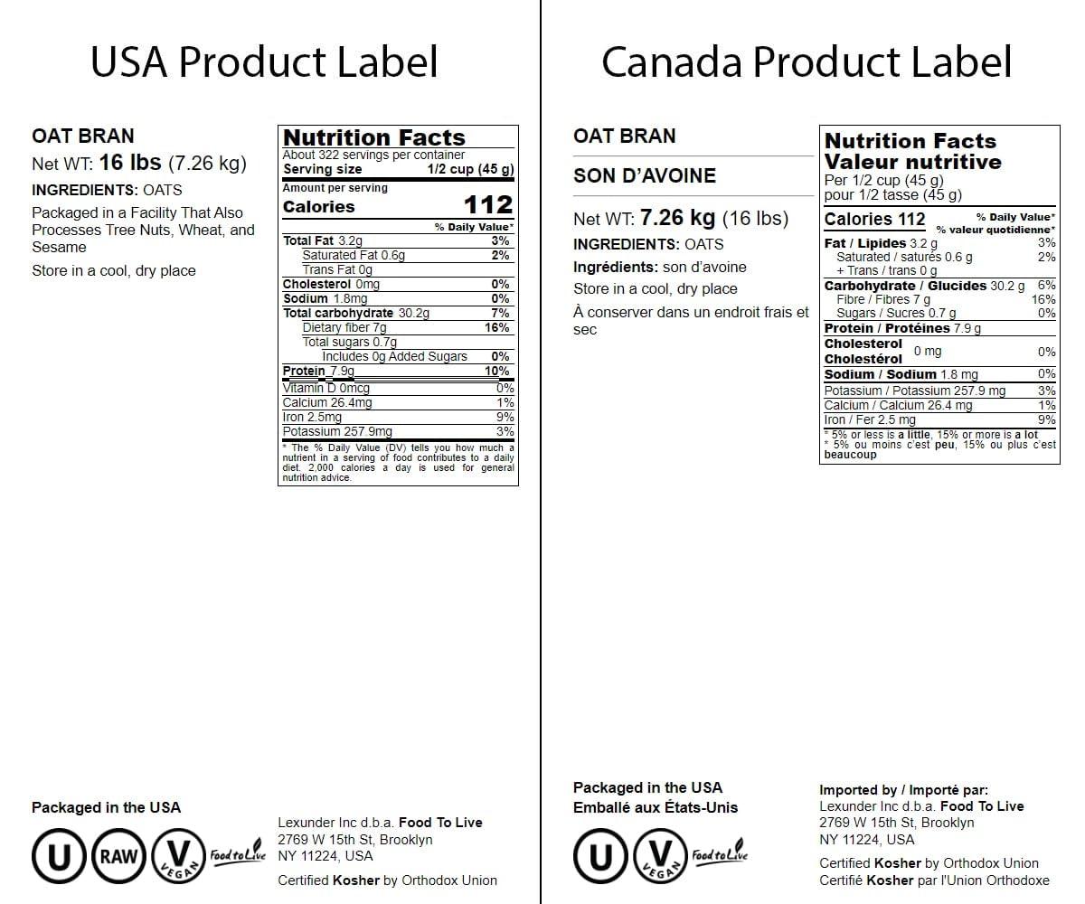 Food to Live Food to Live Oat Bran, 16 Pounds A Nutritional Powerhouse High Fiber Hot Cereal, Milled from High Protein Oats. Raw, Unprocessed, Vegan, Kosher, Bulk. Good for Dukan Diet