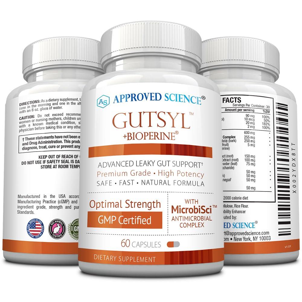 Approved Science Approved Science® Gutsyl- Leaky Gut Supplement- Protect GI Tract with Aloe Vera, Marshmallow Root, Licorice, and Slippery Elm- Contains Prebiotic and BioPerine- 3 Month Supply- 100% Vegan