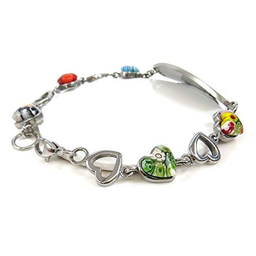 My Identity Doctor My Identity Doctor - Customized Medical Alert Bracelet for Women with Engraving - 1.2cm Steel, Glass Hearts - Red - Wrist Size 6.75 Inch