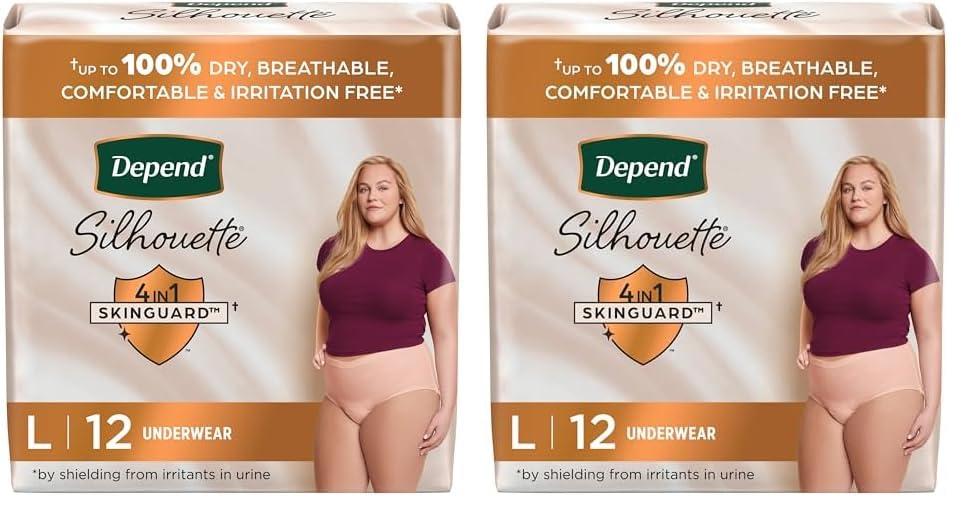 Depend Depend Silhouette Adult Incontinence & Postpartum Underwear for Women, Maximum Absorbency, Large, Pink, 12 Count (Packaging May Vary) (Pack of 2)