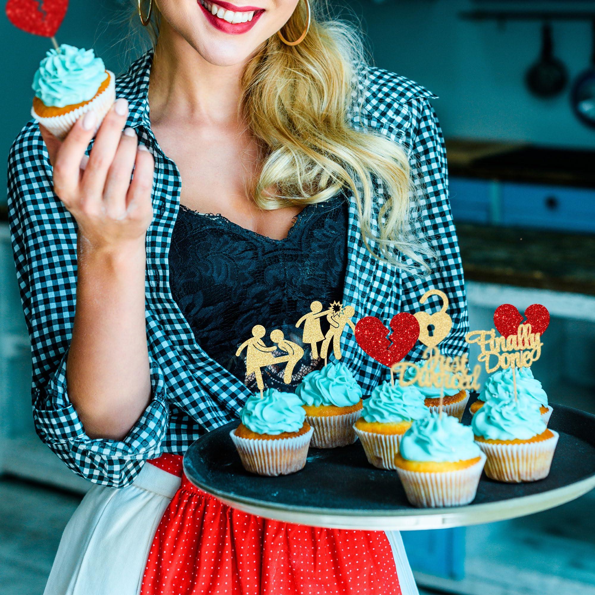 Gyufise Gyufise 24Pcs Divorce Cupcake Toppers Glitter Finally Done Just Divorced Cupcake Picks for Break Up Theme Bye Freedom Bachelor Divorce Party Cake Decorations Supplies Gold