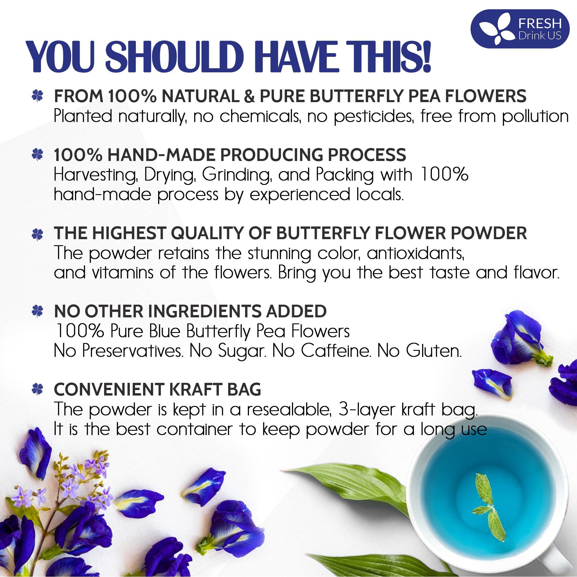 FRESHDRINKUS FreshDrinkUS, Premium 6.5oz Butterfly Pea Flower Powder, 100% Natural and Pure from Blue Butterfly Pea Flowers, Natural Food Coloring, Butterfly Pea Flower Tea, No Additives, No Gluten, No Sugar, Vegan