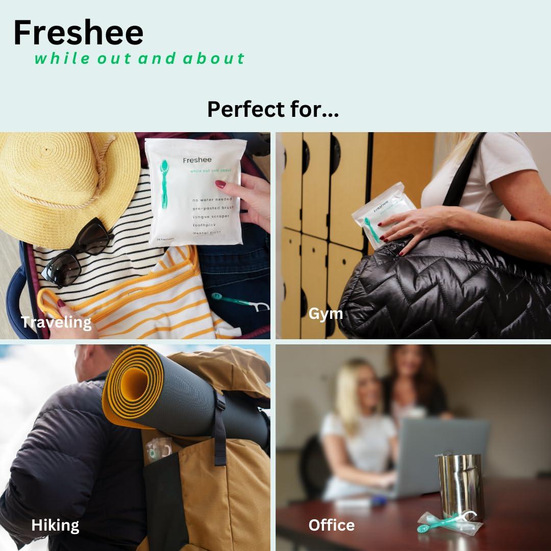 Freshee Freshee 5 in 1 Disposable Mini Toothbrush with Toothpaste + Floss + Pick + Tongue Scraper | Travel Size | Individually Wrapped | Soft | Mint | Travel Set | Oral Care