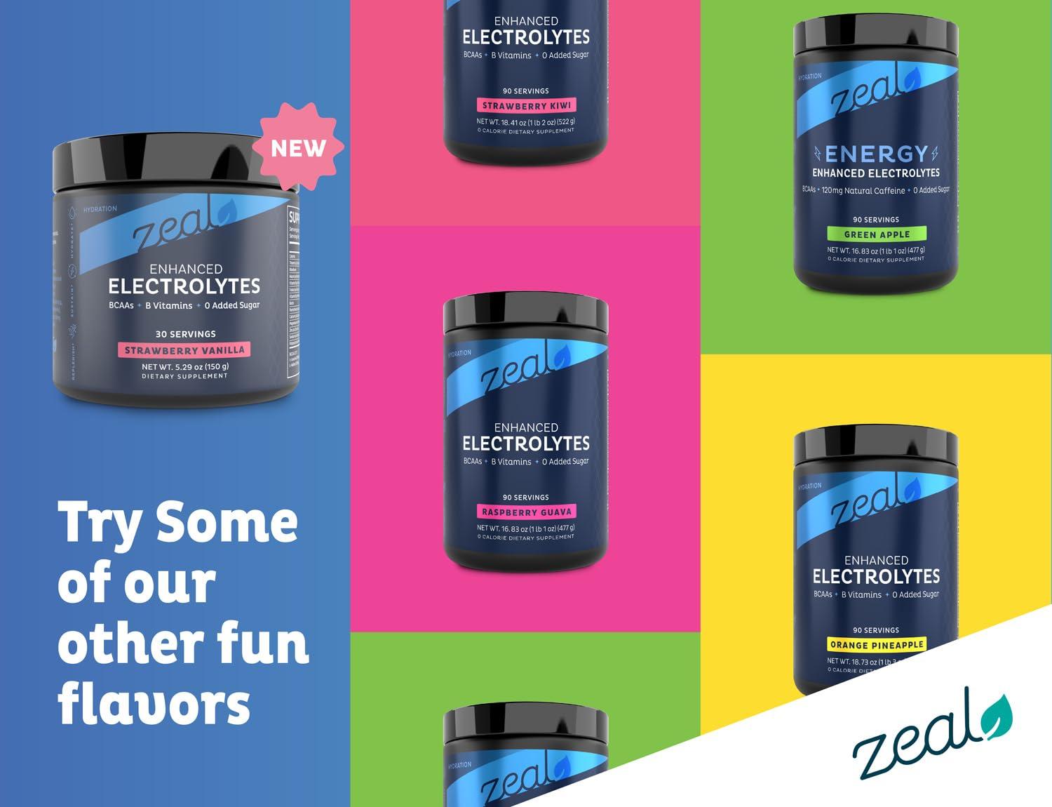 Zeal Naturals Zeal Electrolyte Powder Recovery Drink (30 Servings | Strawberry Vanilla) w 0 Sugar +BCAAs +B-Vitamins Electrolyte Supplement w Potassium Zinc & Magnesium for Hydration - Keto Electrolytes