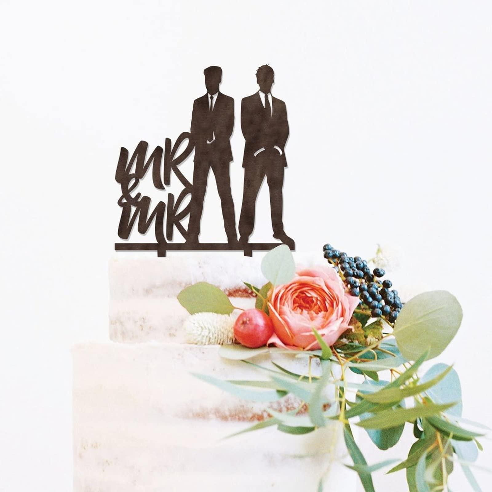 Mighun Mr & Mr Cake Topper - Same Sex Silhouette - Two Men Standing Rustic Cake Topper for Gay Couple Wedding/Coimg Out Party Decoratoions