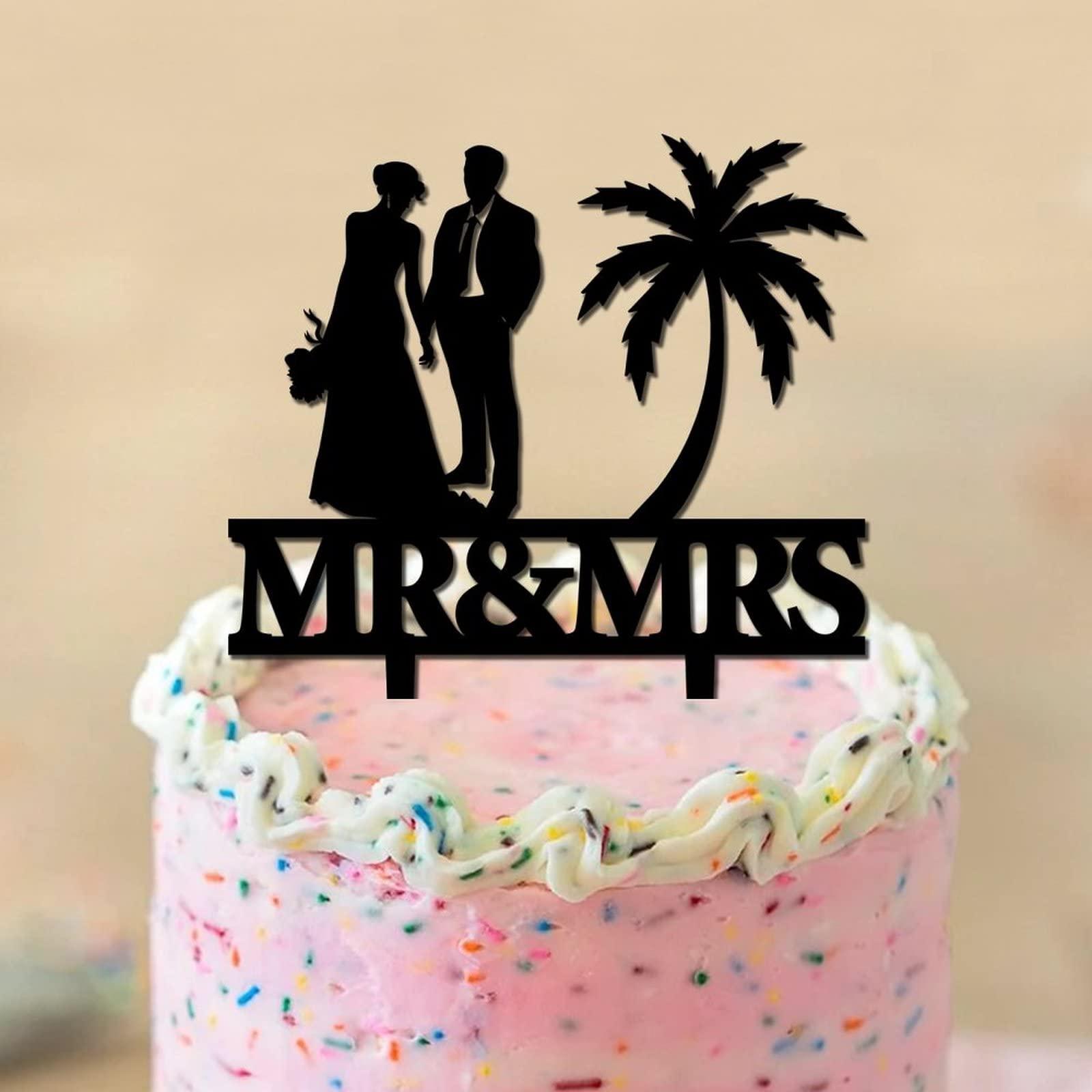 UanMere Cake Toppers Personalized Beach Theme Wedding Cake Toppers with Last Name Black Acrylic Anniversary Cake Topper Mr And Mrs Engagement Cake Supplies Boho Gifts for Married