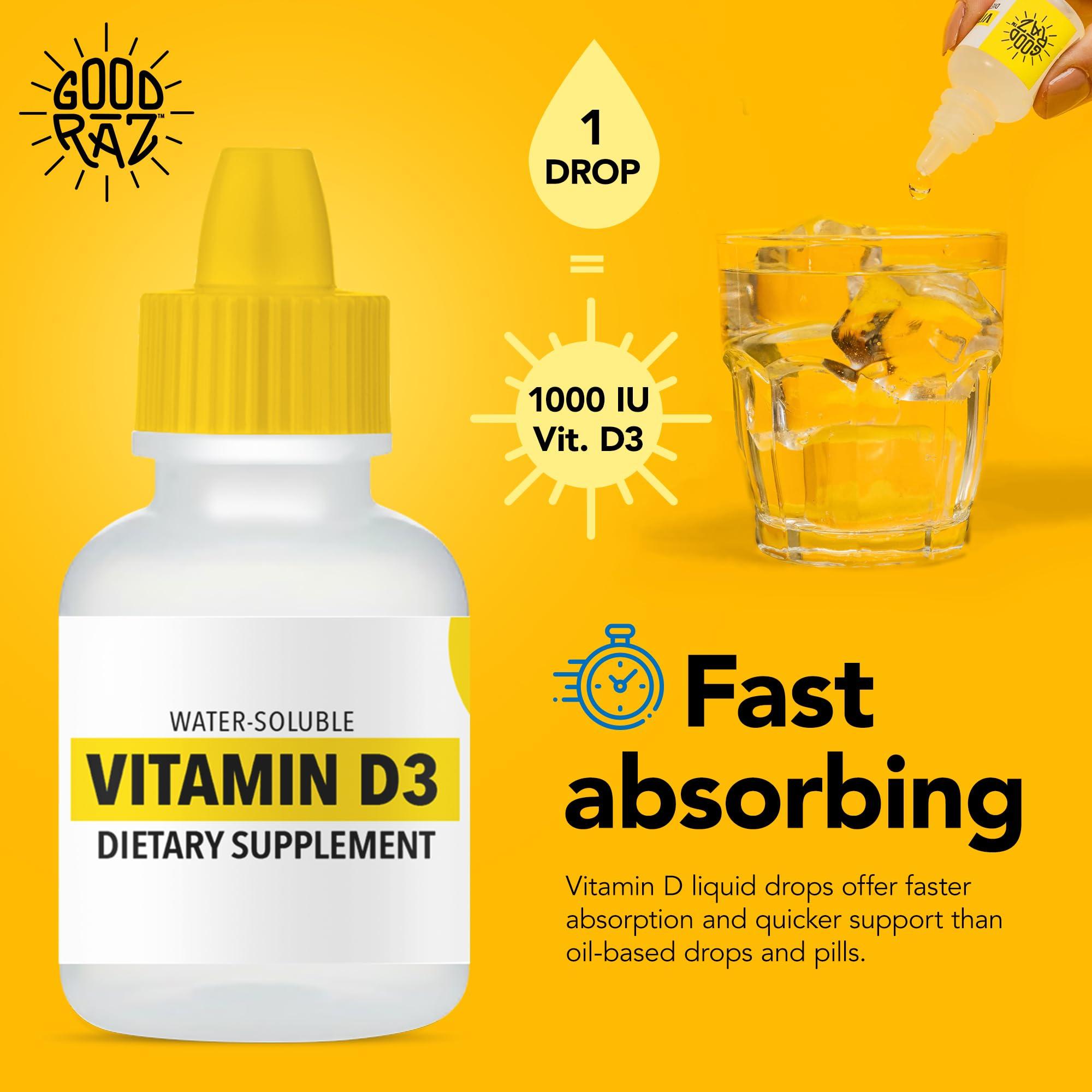 Good Raz Good Raz - Vitamin D Drops Adult - Water-Soluble Liquid D3 Drops - Potent Vitamin D Liquid Drops - No Stir, Non-GMO, Kosher - D3 Liquid to Add to Drink Or Food, Flavorless - 12-Month Supply (3)