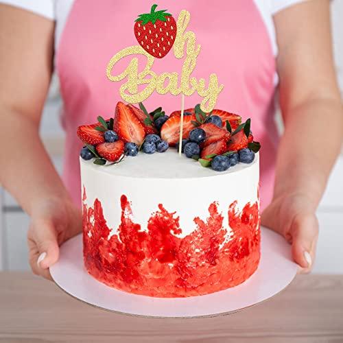 Ephlyn 1Pc Strawberry Oh Baby Cake Topper Glitter Fruit Theme Babyshower Strawberry Cake Decoration for Gender Reveal Baby Shower Kids Boys Girls Birthday Party Cake Decorations Supplies