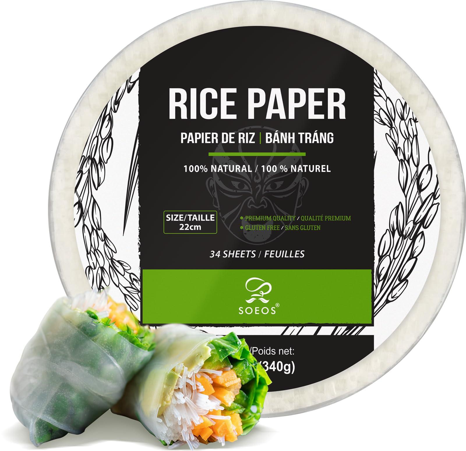 Soeos Soeos Rice Paper, White Rice Paper Wrappers, 1 Pack, 34 Sheets-Fresh Spring Roll Wrappers & Dumplings, Non-GMO, Gluten-Free, Low Carb, Vietnamese Rice Wraps (Round, 22cm)