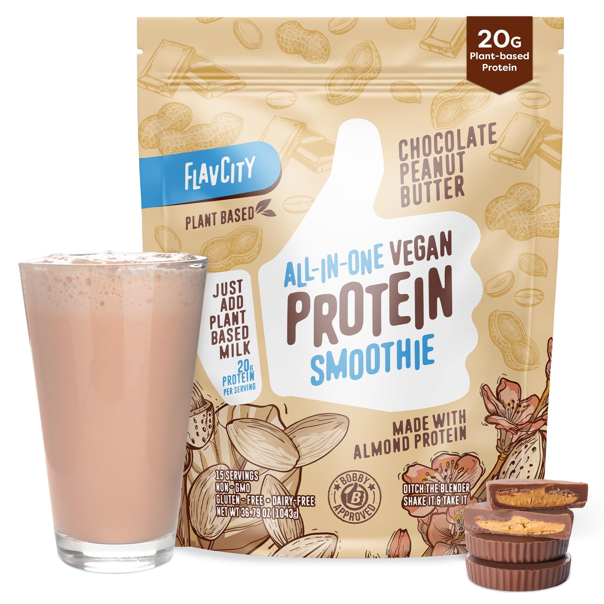 FlavCity FlavCity All-In-One Vegan Protein Powder Smoothie, Chocolate Peanut Butter - Plant-Based Pre-Workout Meal Replacement Shake for Women & Men Made with 20g of Almond Protein - Gluten Free & Dairy-Free