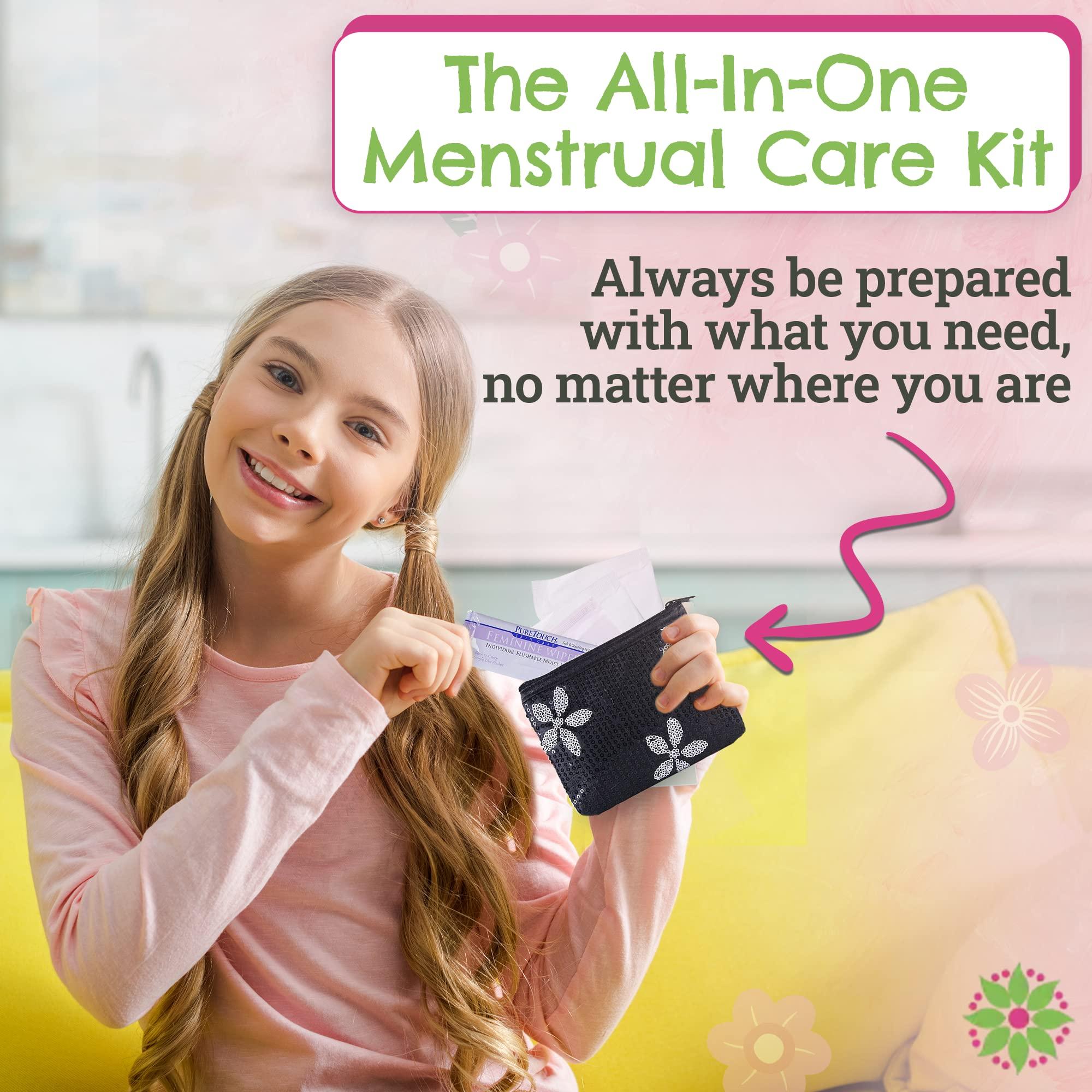 Be Prepared. Period. First Period Kit To-go! - Organic Biodegradable Tween Pads & Liner - Period Bags for Teen Girls for School - Period Pouch & Teen Pads for Girls Ages 11-14, Teen Pads for Periods - Pads for Teens Girls