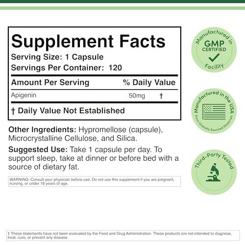 Double Wood Supplements Apigenin Supplement - 50mg per Capsule, 120 Count (Powerful Bioflavonoid Found in Chamomile Tea for Relaxation, Sleep, and Mood) Senolytic Flavonols for Aging (Gluten Free) by Double Wood