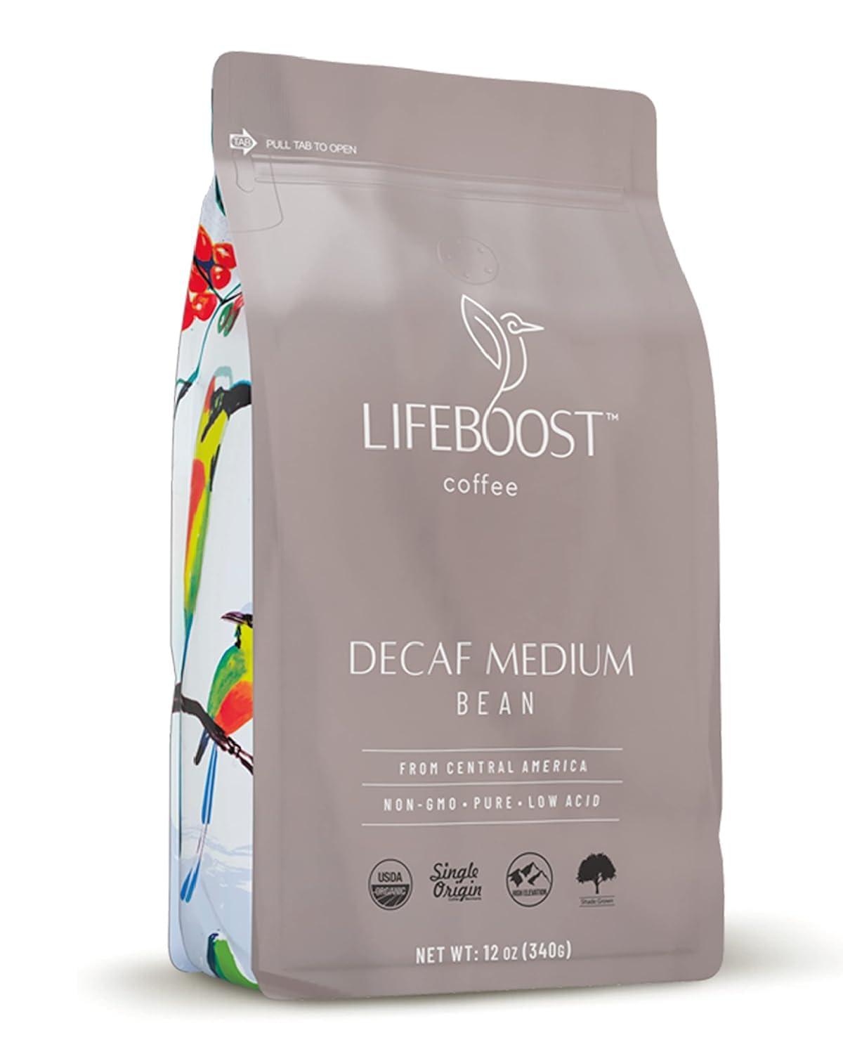 LIFEBOOST Lifeboost Coffee Medium Decaf Coffee Beans - Swiss Water Decaf Coffee - Low Acid Organic Decaf Coffee Beans - Third Party Tested For Mycotoxins & Pesticides - Whole Bean - 12 Ounces