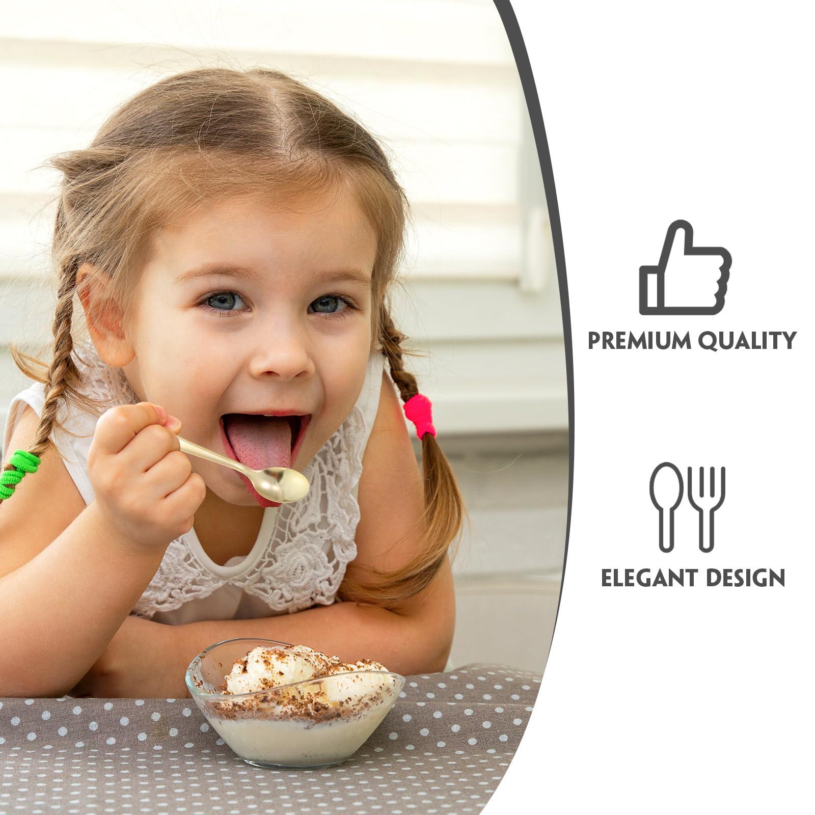 Mimorou 300 Pcs Disposable Mini Gold Spoons Bulk Plastic Gold Spoons Set 4 Inch Gold Dessert Spoons Small Plastic Serving Spoons Heavy Duty Plastic Tasting Spoons for Desserts Sampling or Appetizers