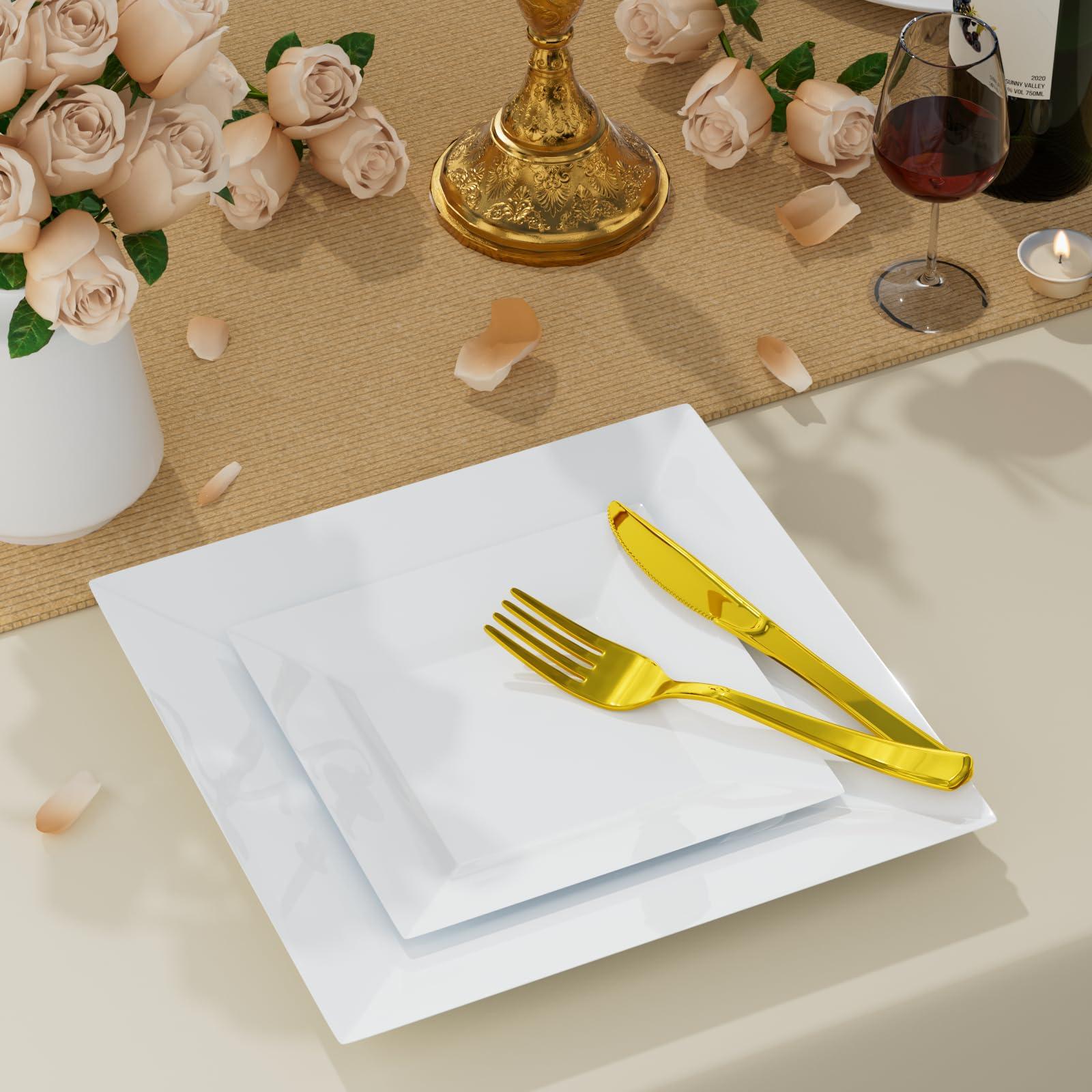 Goodluck Goodluck 100 Pack Disposable Square Plastic Plates, Heavy Duty 50pcs Dinner Plates 9.5\" and 50pcs Dessert Plates 6.5\", Fancy Disposable Plates for Wedding, Holiday Party, Birthday, White