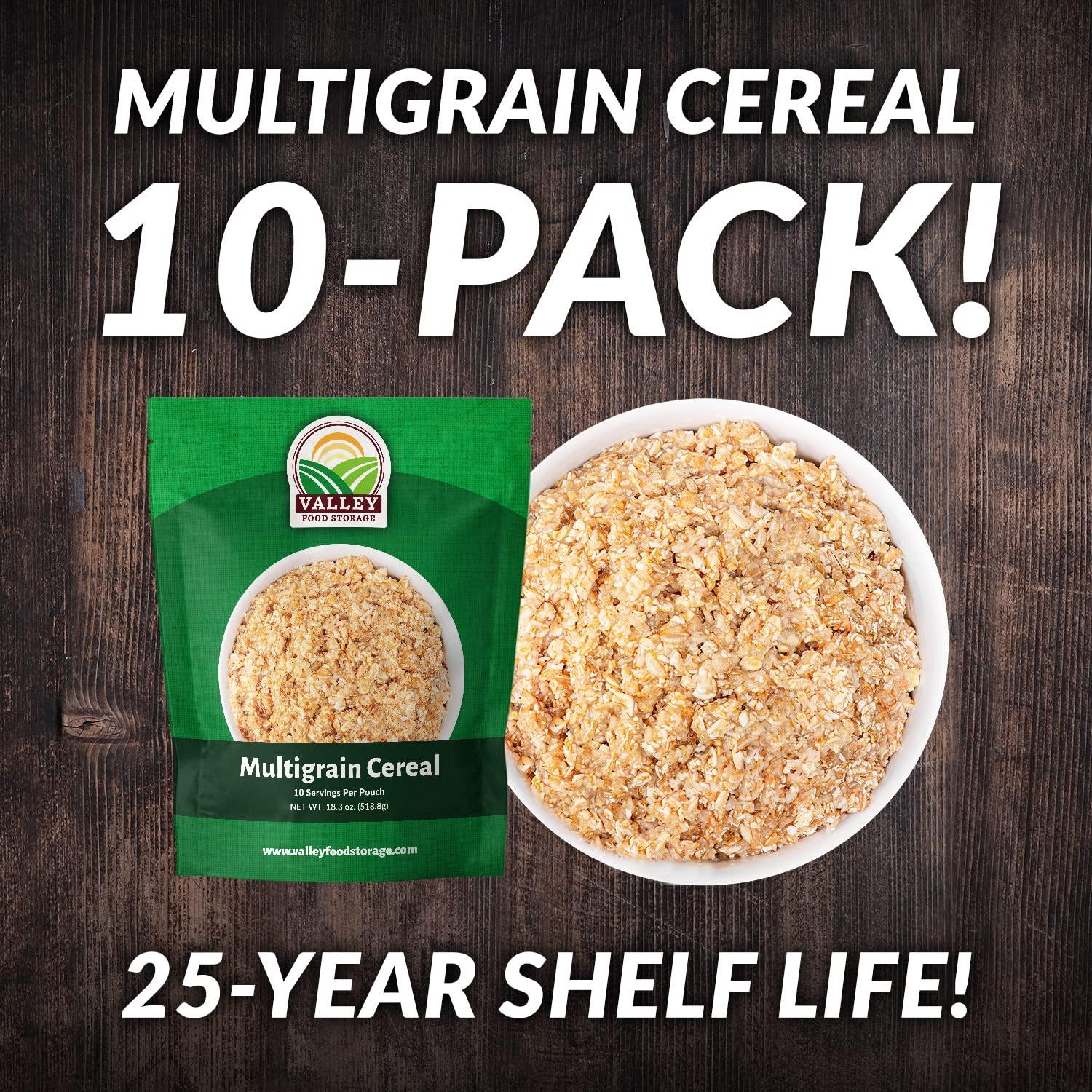 Valley Food Storage Multigrain Dried Cereal 10-Bag Bucket, 100 Servings | Premium Emergency Food Supply 25 Year Shelf Life | Survival Meal Kits Prepper Food, Off Grid Living Supplies | Valley Food Storage Packaged in USA
