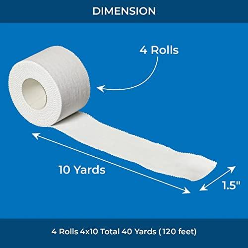 Affordtex Athletic Sports Tape 4 Adhesive Rolls -No-Sticky Residue White Medical Tape - Sport Tape -Skin Friendly Athletic Tape 1.5\" x 10 Yards for Athletes, Coaches, Amateurs (White- 40 Yards)
