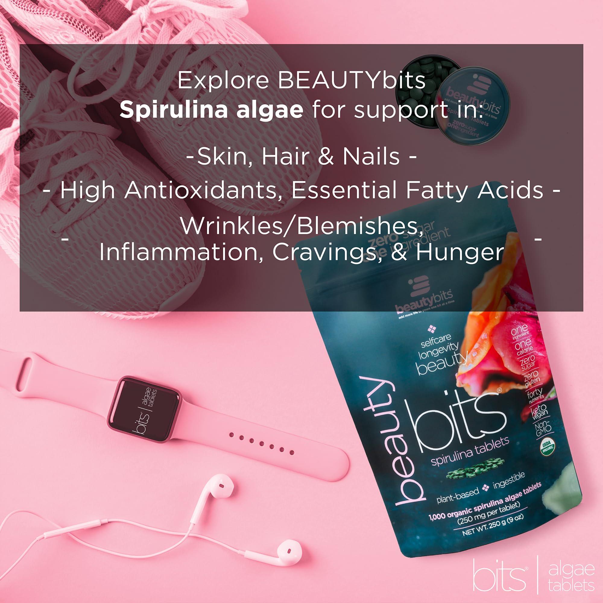 ENERGYBITS BEAUTYbits - Organic Spirulina Tablets - Algae Superfood - Collagen, Protein, Chlorophyll - Hair, Nails, & Skin Care - Vegan, Keto, Gluten Free - Self Care - Skincare Beauty Gifts - 360 Tablet Can